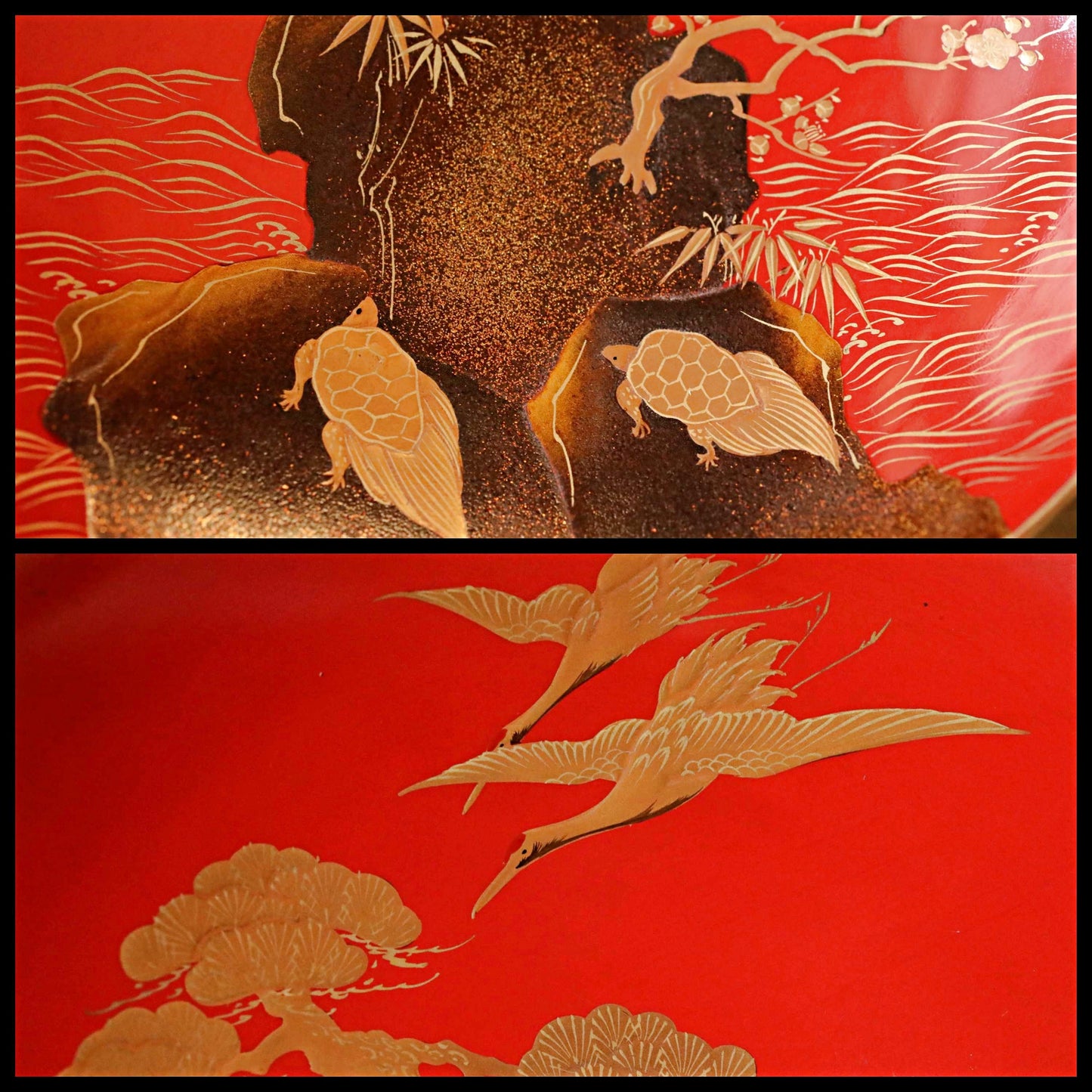 Antique Lacquer Sake Cups - Japanese Vintage Wedding Set with Gold Maki-e Crane Tortoise Design