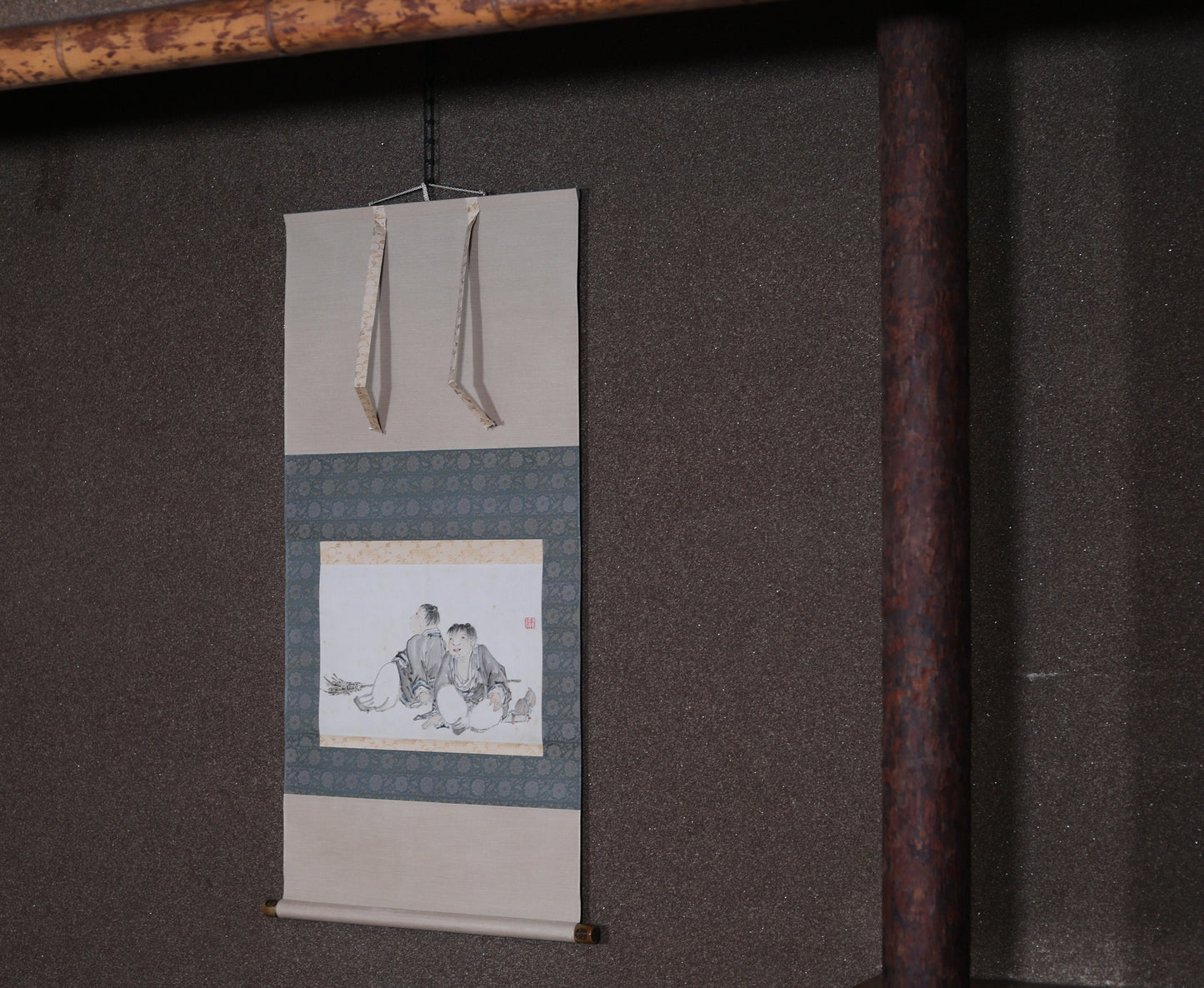 Japanese Hanging Scroll - Vintage Ink Painting With Kids Monk Art & Ceramic Scroll Tip