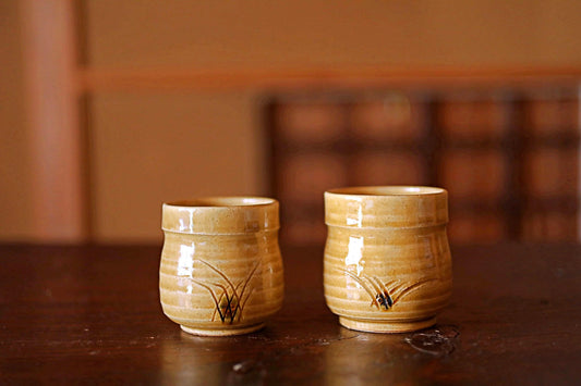 Japanese Tea Cup Pair - Vintage Ki-Seto Pottery Set | Handmade Mino Ware Ceramics
