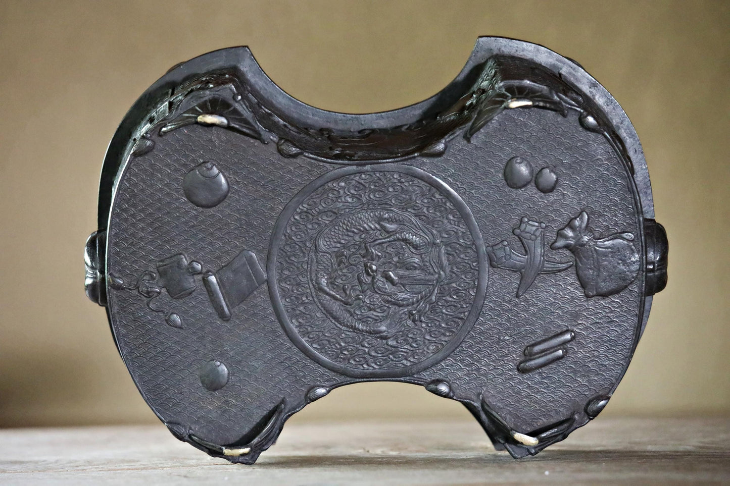 Japanese Bronze Suiban Basin - Meiji Era Antique Dragon Relief Cast Metal Vessel