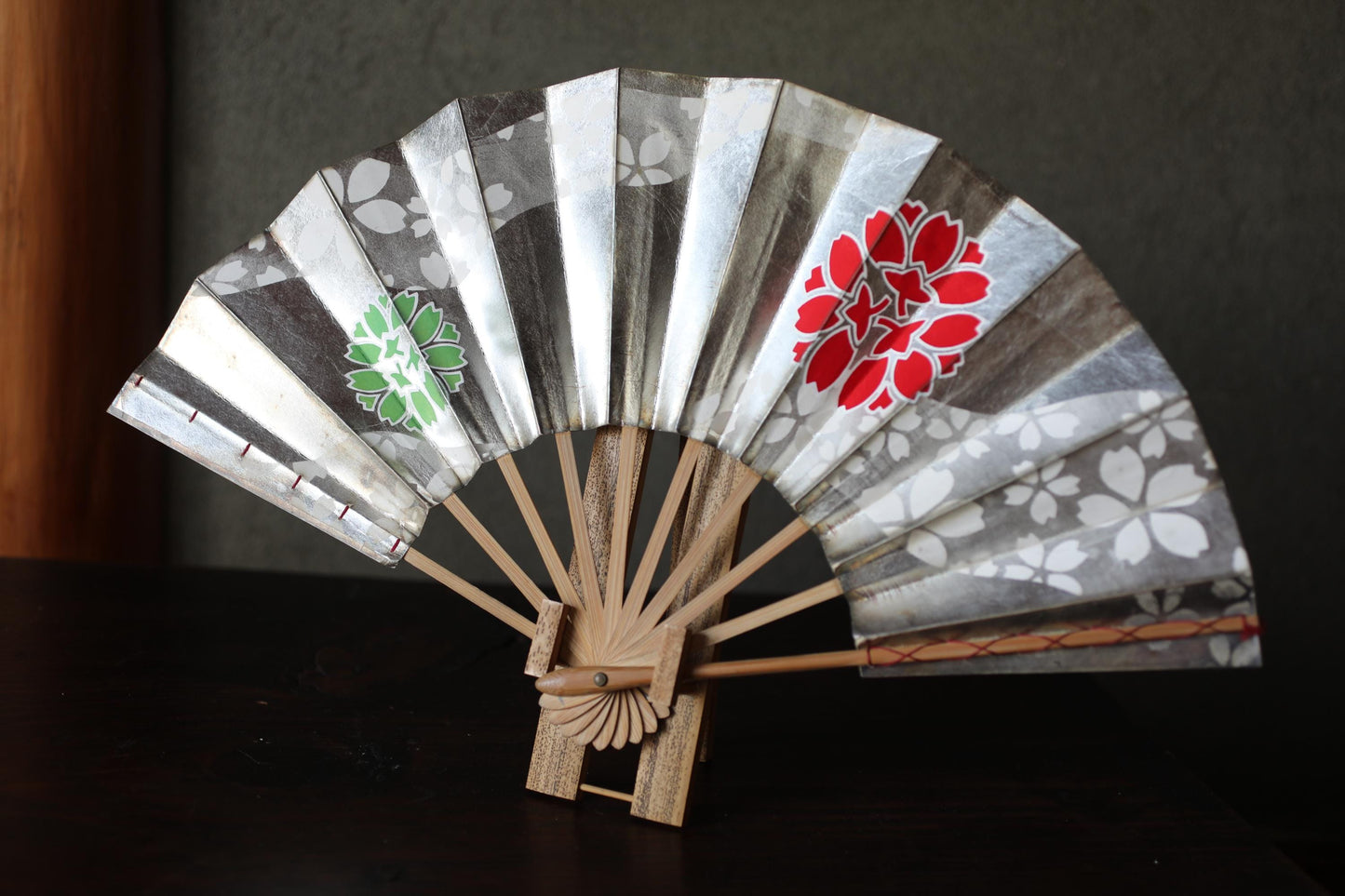 Japanese Folding Fan - Hand Painted Cherry Blossom Sensu with Bamboo Stand