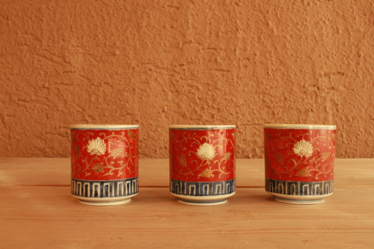 Antique Kutani Sake Cups – 19th Century Japanese Porcelain Set of 3 with Arabesque Pattern