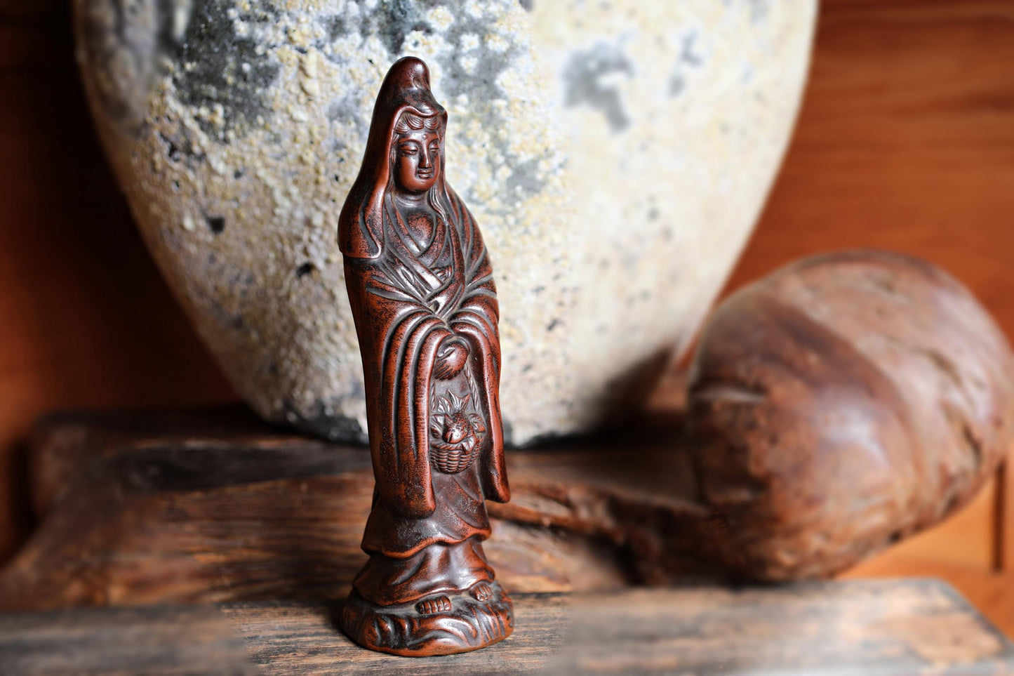 Antique Bizen Kannon Statue – 1920s Unglazed Stoneware Buddhist Figurine