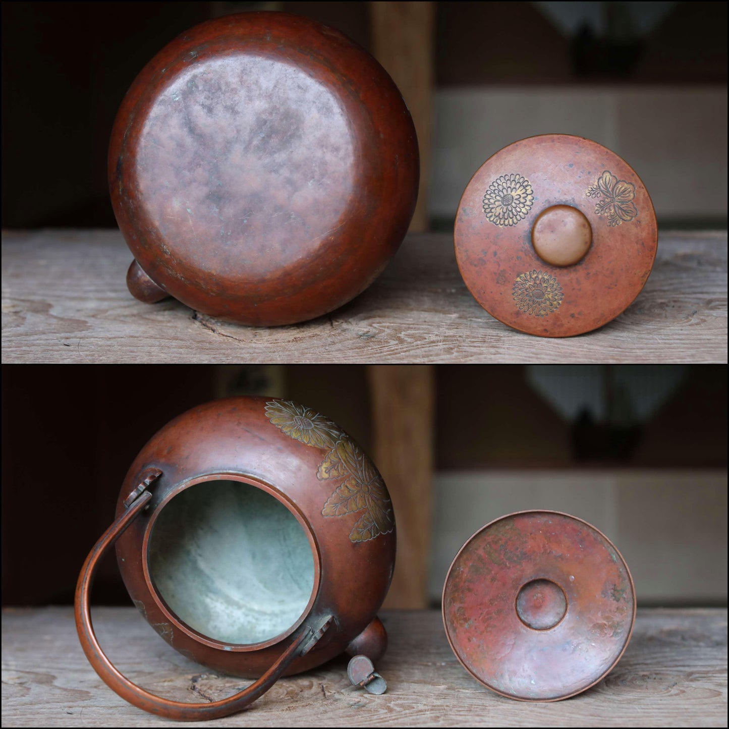 Antique Copper Kettle - Large Japanese Tea Pot With Chrysanthemum & Paulownia Design