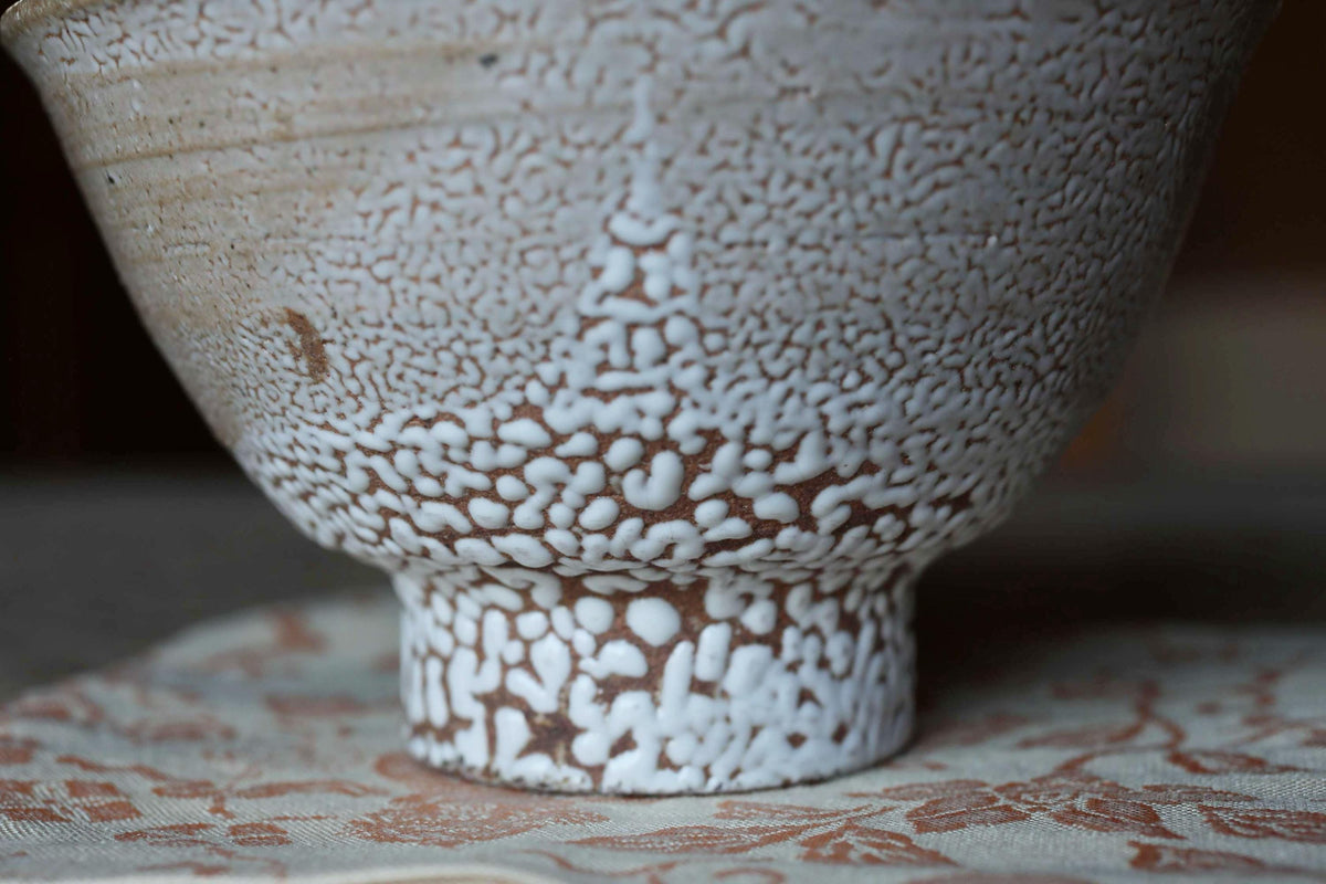 A close-up image of a white ceramic bowl with a textured surface, resting on a patterned fabric.