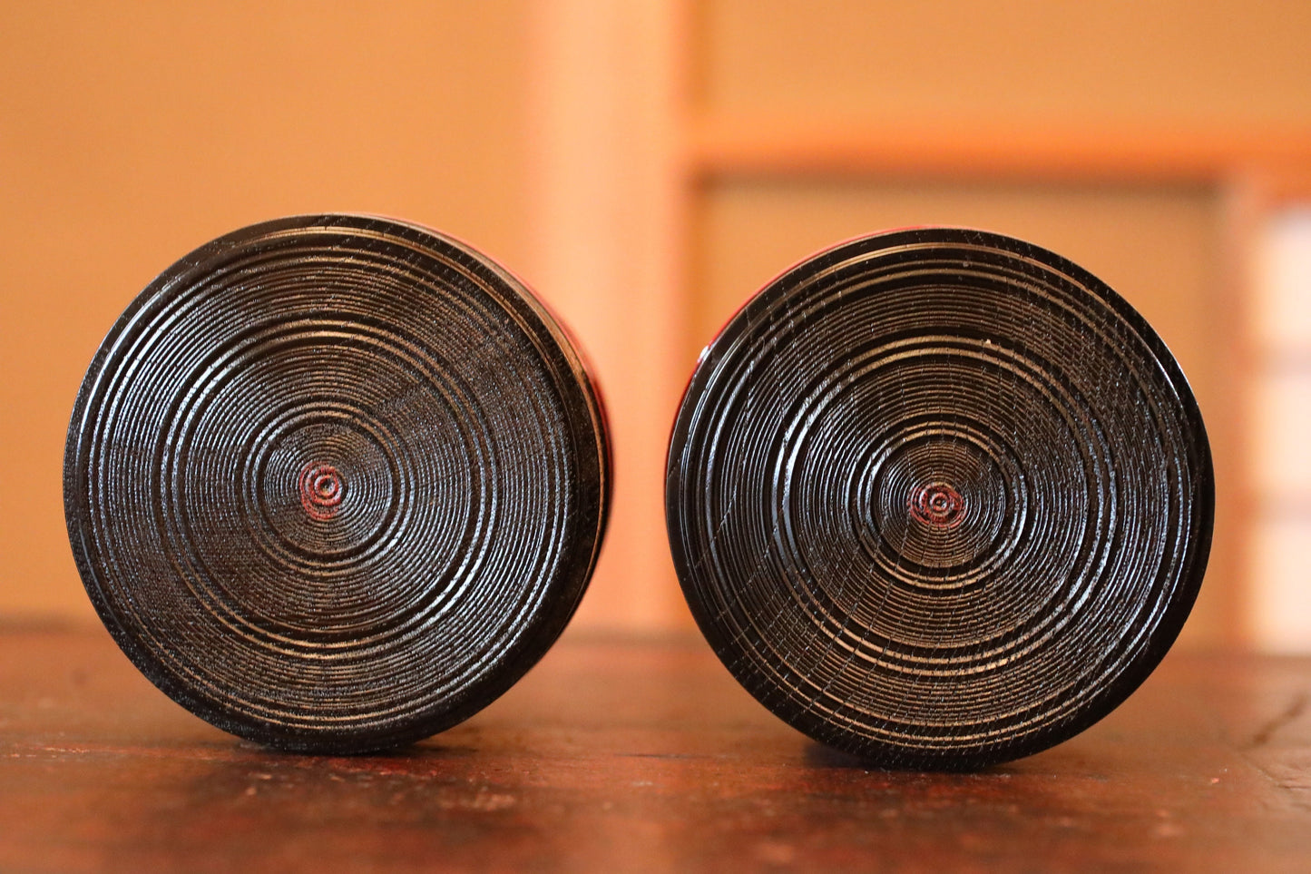 Black Lacquer Sake Coasters – Japanese Wooden Holder With Red Stripe Design
