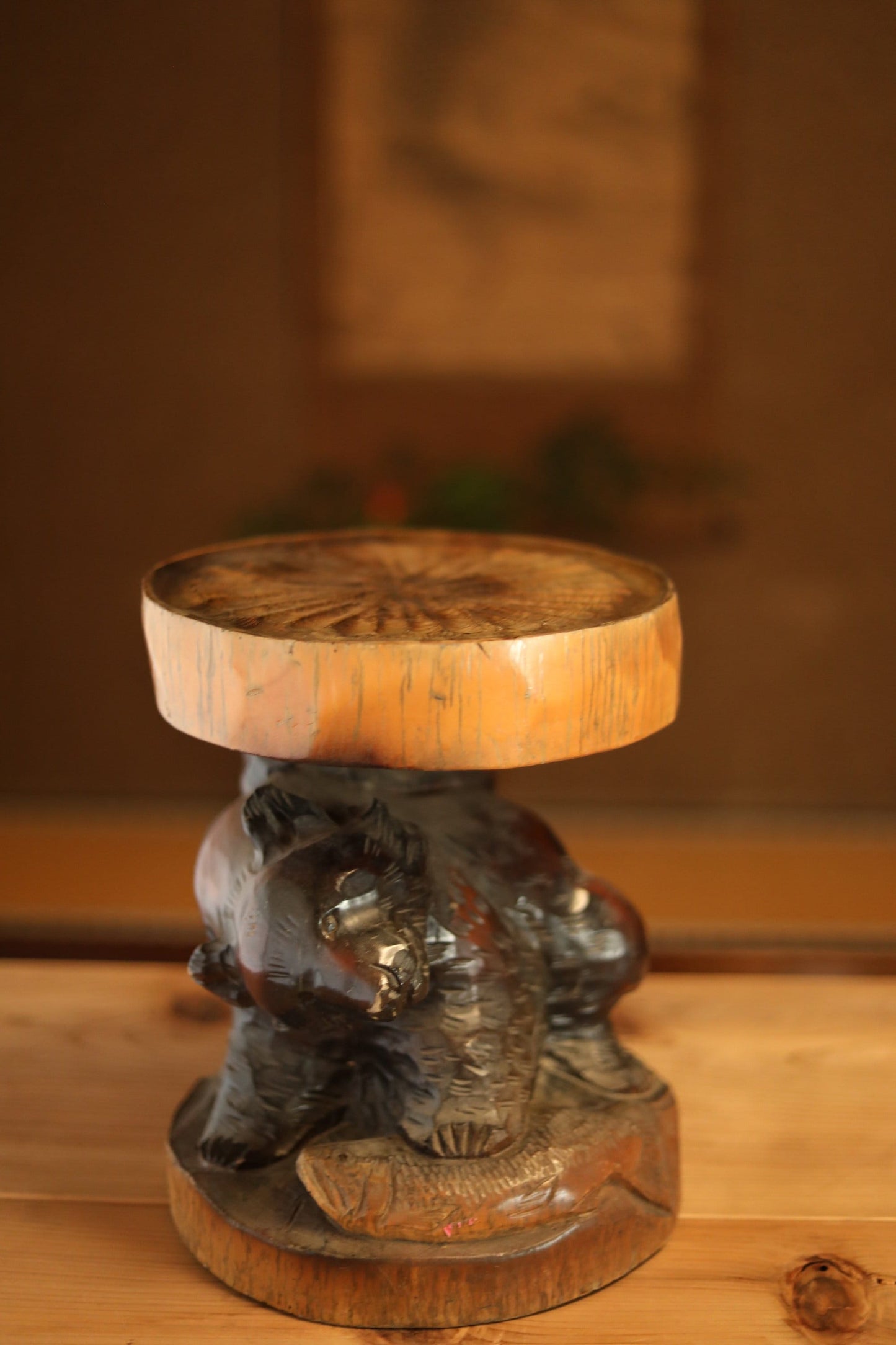 Vintage Wood Bear Sculpture - Hand Carved Japanese Wooden Bear Figurine Pedestal