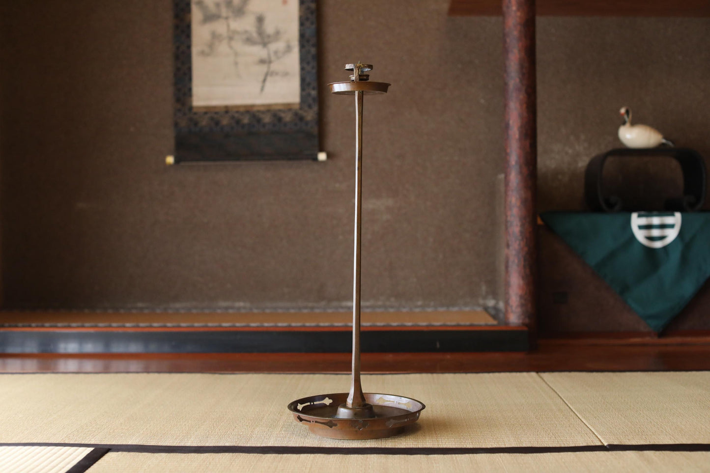 Japanese Antique Lantern - Bronze Candle Stand With Samurai Temple Design, 27.6in