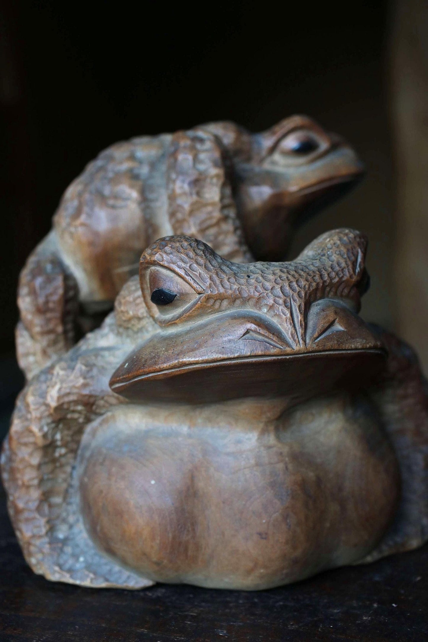 Vintage Wooden Frog - Japanese Hand Carved Kaeru Sculpture | Rustic Wood Animal Doll