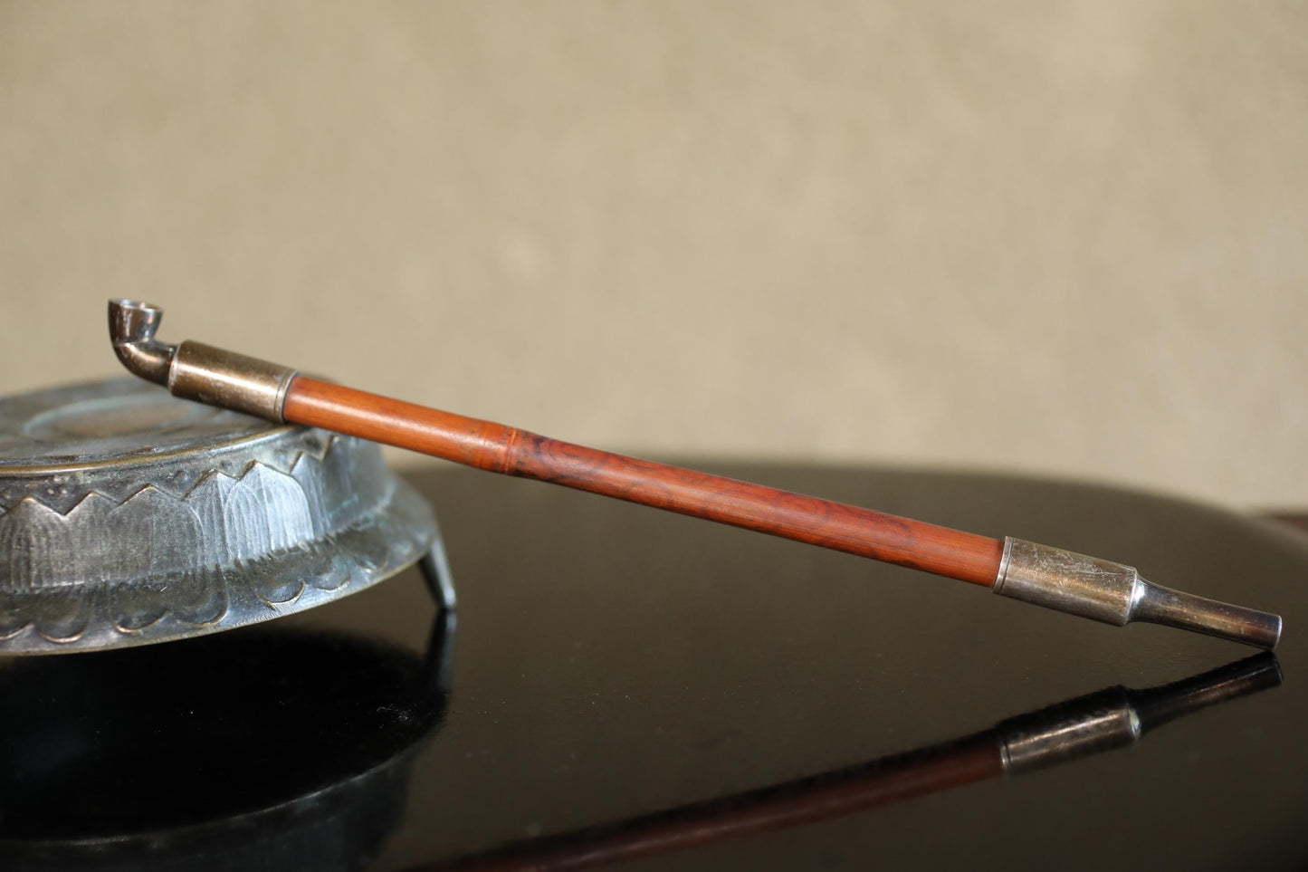 Antique Silver Smoking Pipe | Japanese Vintage Sterling Silver Pipe With Bamboo & Leather Case