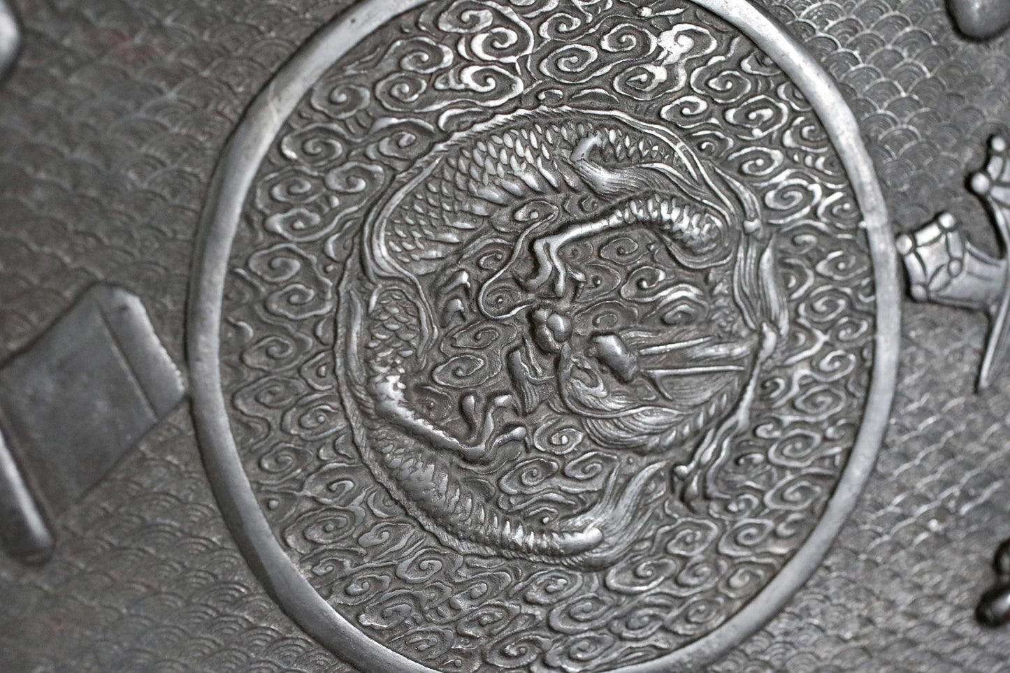 Japanese Bronze Suiban Basin - Meiji Era Antique Dragon Relief Cast Metal Vessel