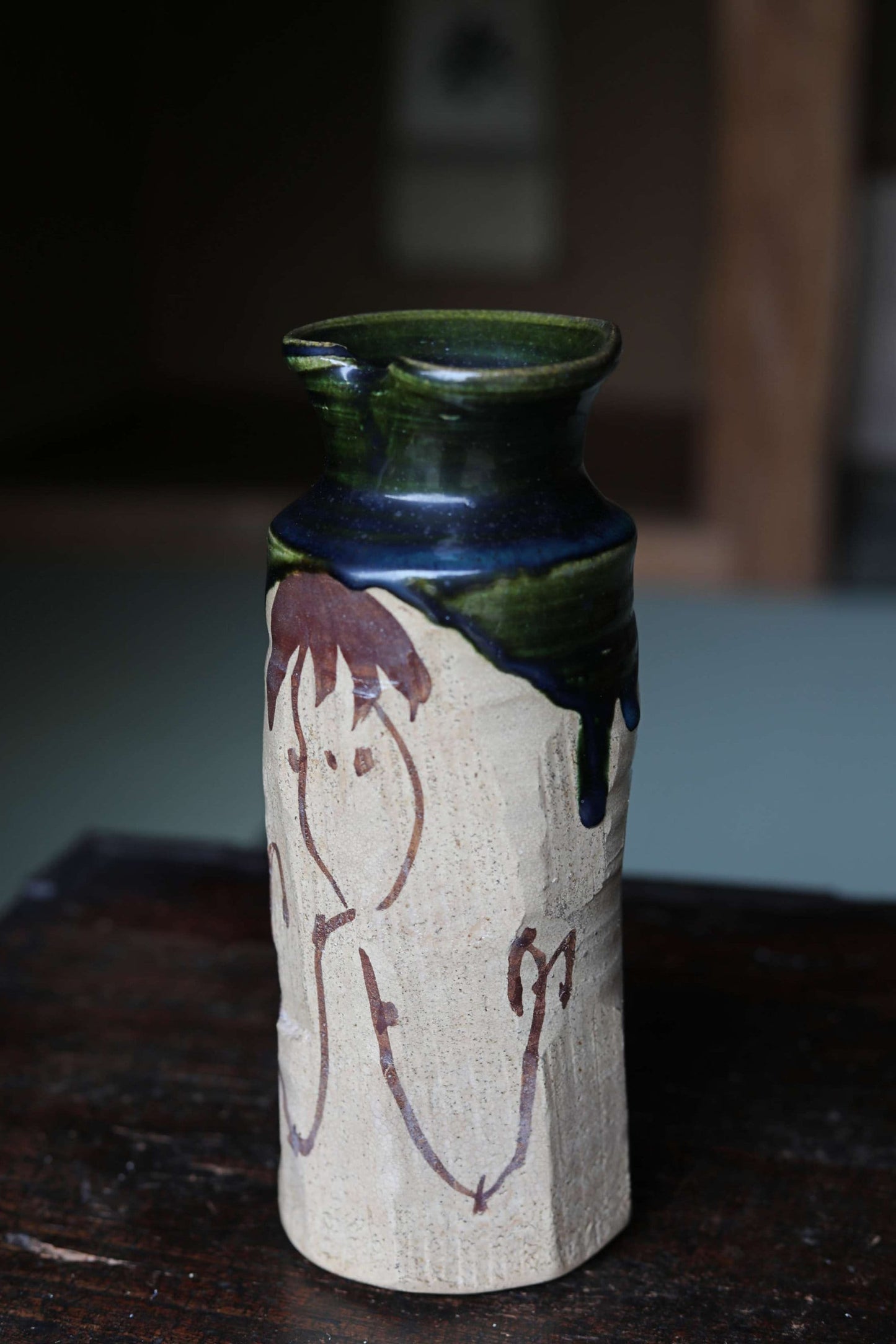 Oribe Ware Vase - Handmade Japanese Vintage Ceramic Vase | Green Glaze Ikebana Flower Stoneware