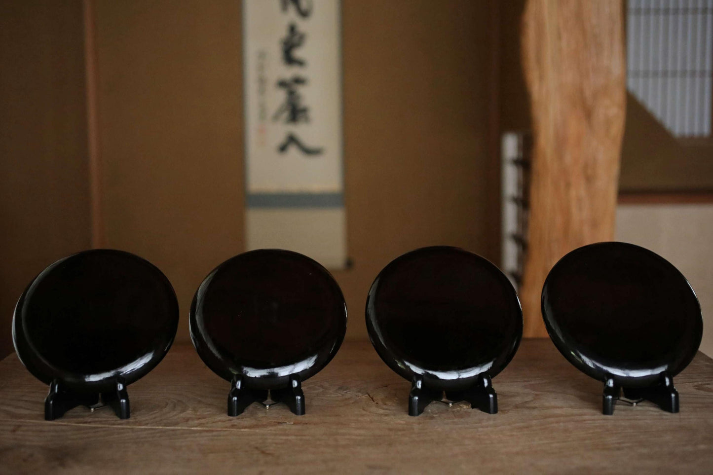 Antique Urushi Plates - Japanese Lacquerware Set of 4 with Gold Rim & Mitsu Tomoe Crest
