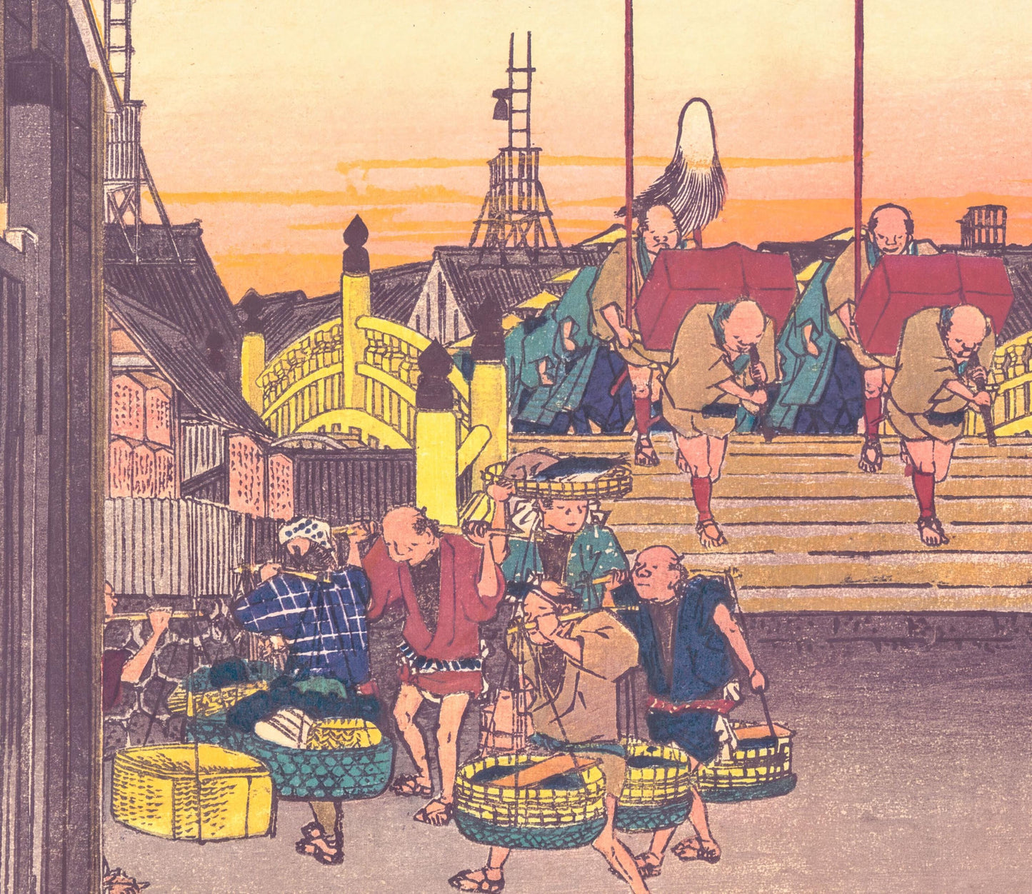 The image is a colorful illustration depicting a lively street scene with people carrying baskets and bags, surrounded by buildings and a bridge.