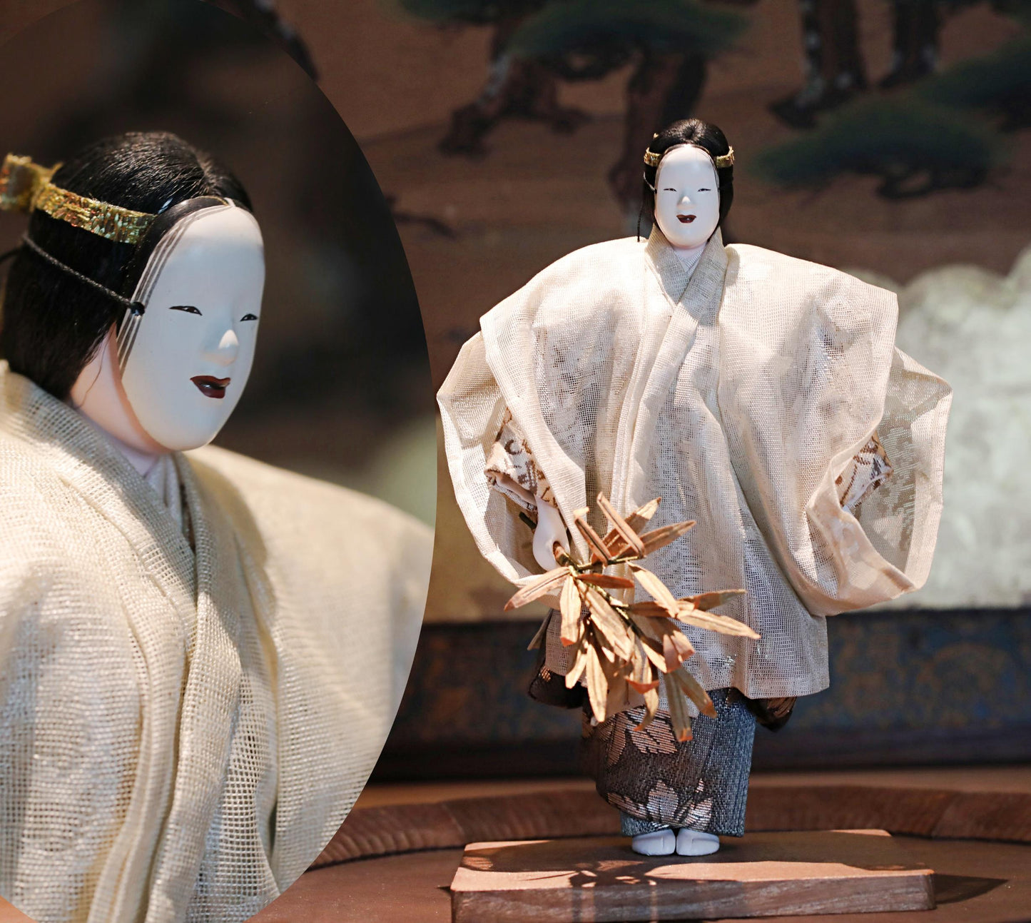 Japanese Noh Doll - Vintage Wooden Sculpture with Silk Kimono & Traditional Mask