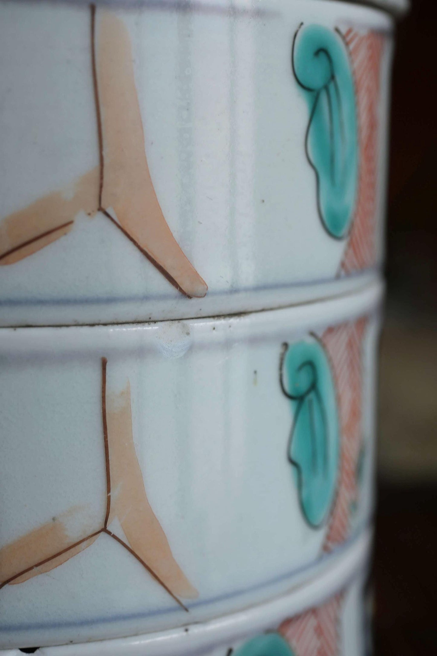 Jubako- Antique Porcelain Box, Seaweed Pattern, Stacking Ceramic Container