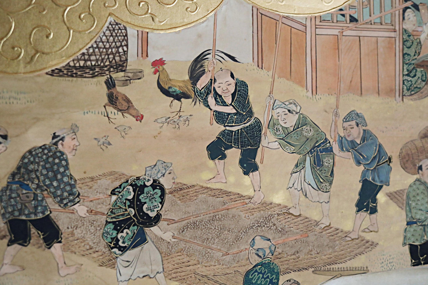 Japanese Folding Screen - Antique Byobu Screen with Gold Leaf Clouds & 1800s Art