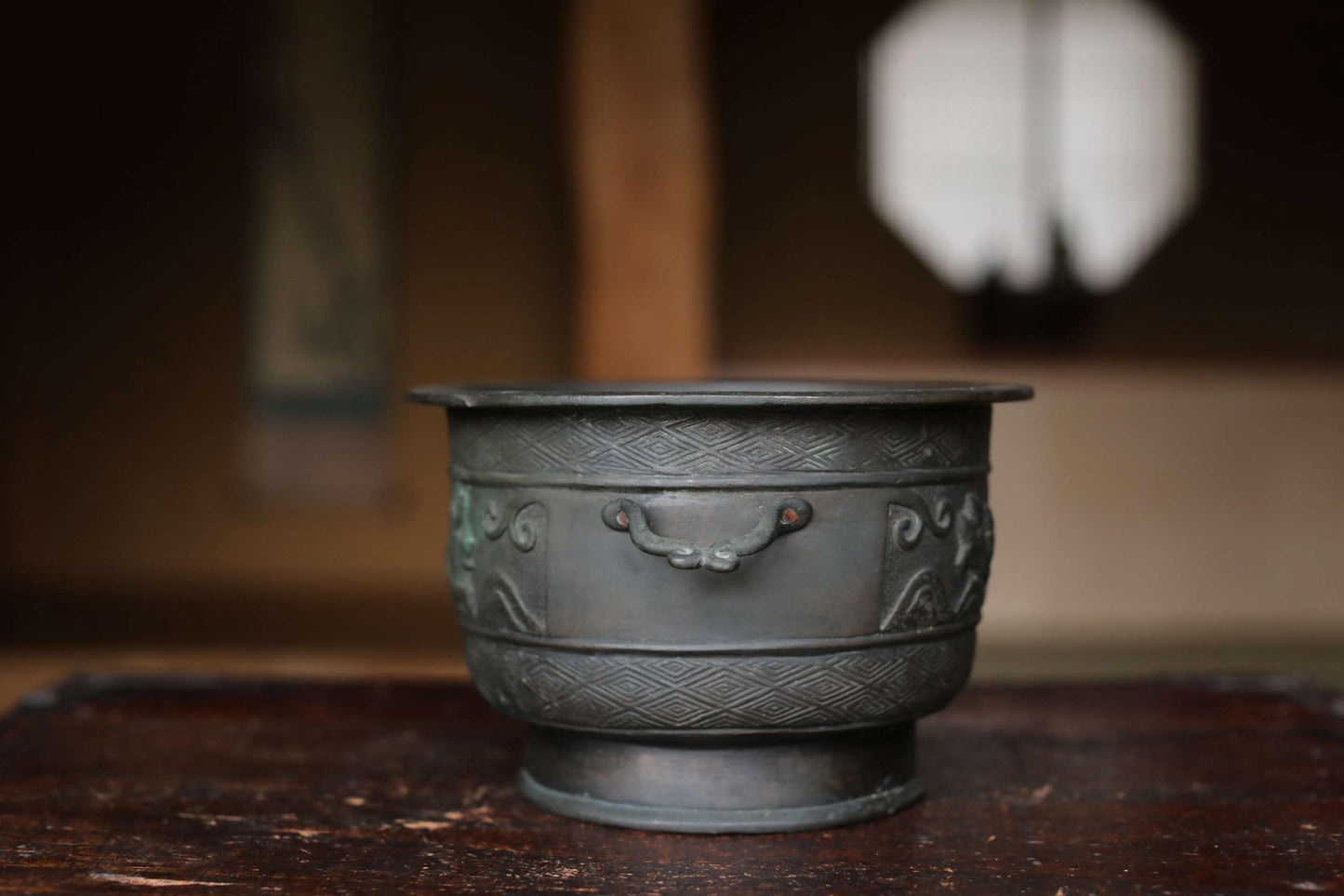 Antique Bronze Censer - Japanese Incense Burner with Lion and Peony Relief