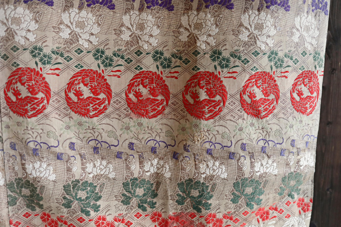 Japanese Silk Textile – Antique Taisho Era Phoenix Floral Tapestry Wall Hanging