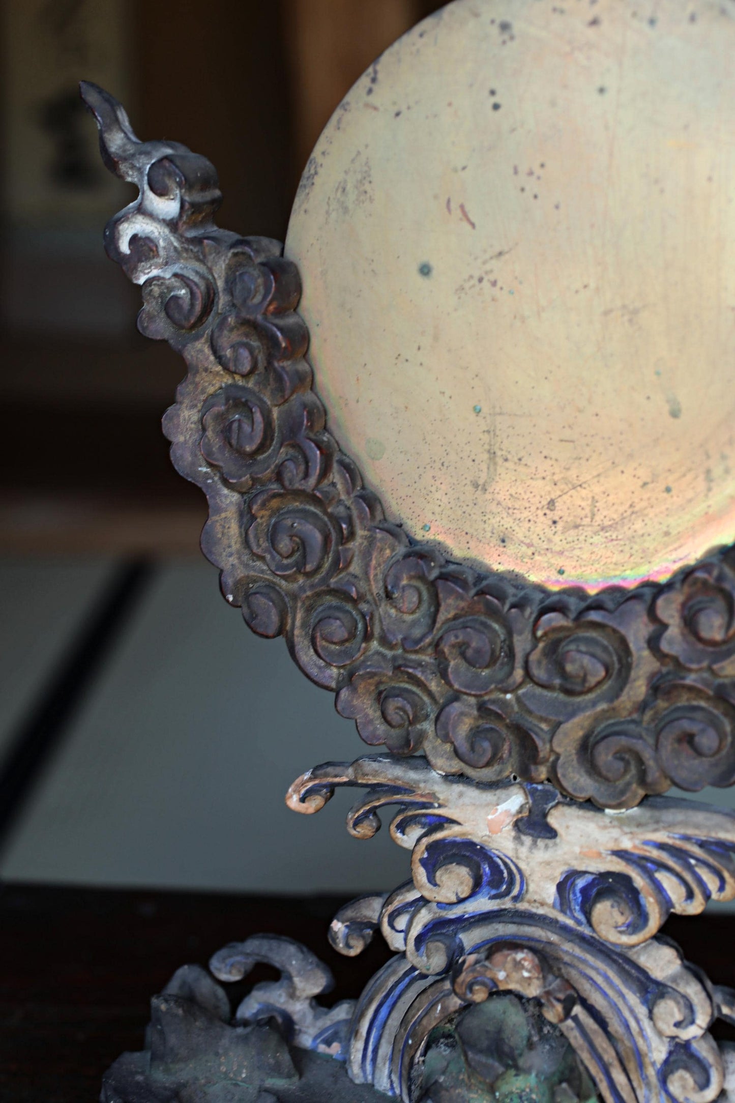 Japanese Antique Bronze Mirror – Shinto Shrine Mirror with Hand-Carved Cloud Base