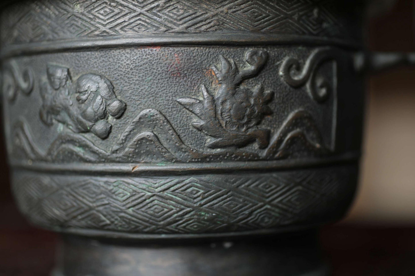 Antique Bronze Censer - Japanese Incense Burner with Lion and Peony Relief
