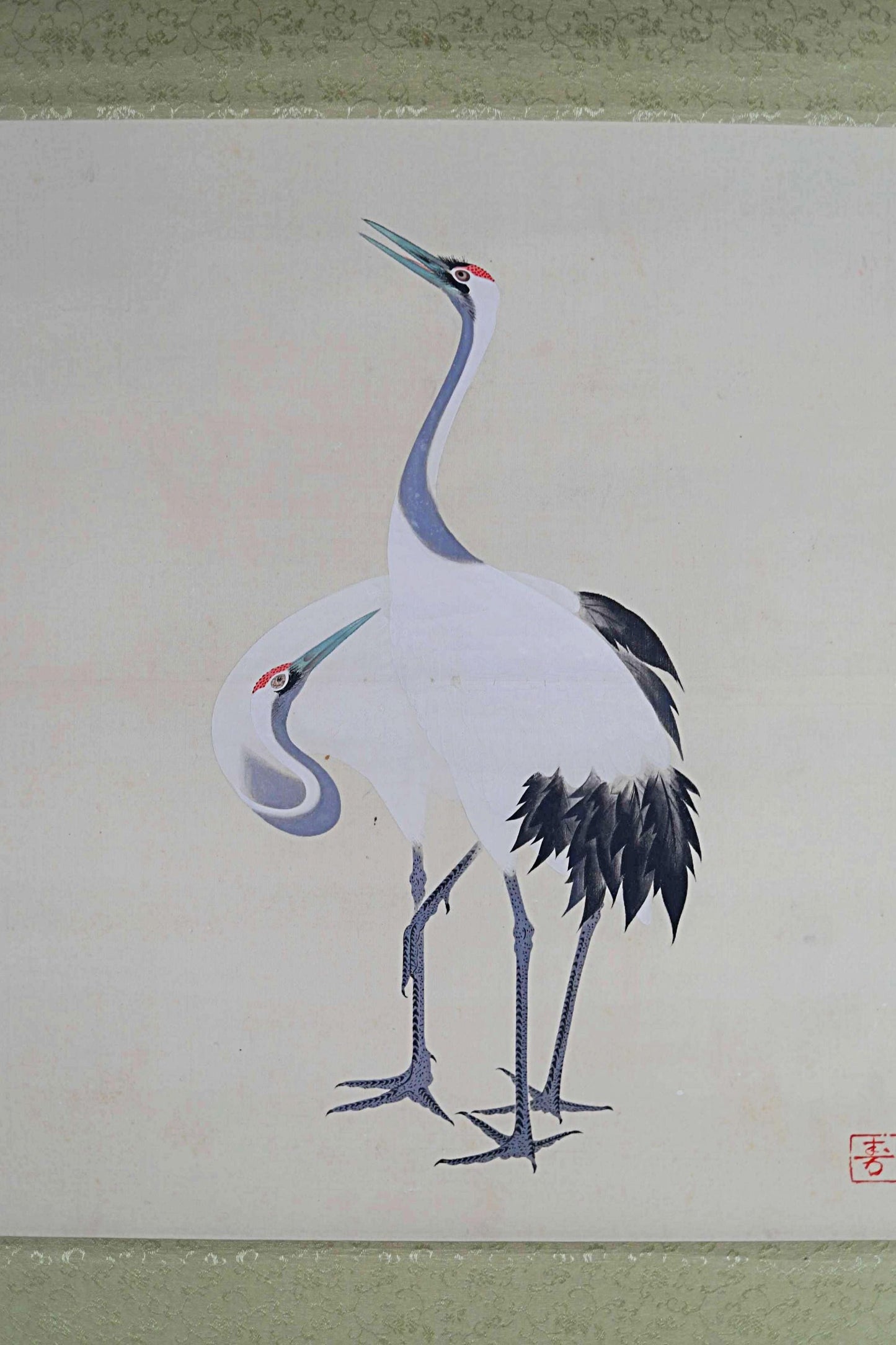 Japanese Hanging Scroll - Vintage Silk Mounted Painting of Pair of Cranes Artwork