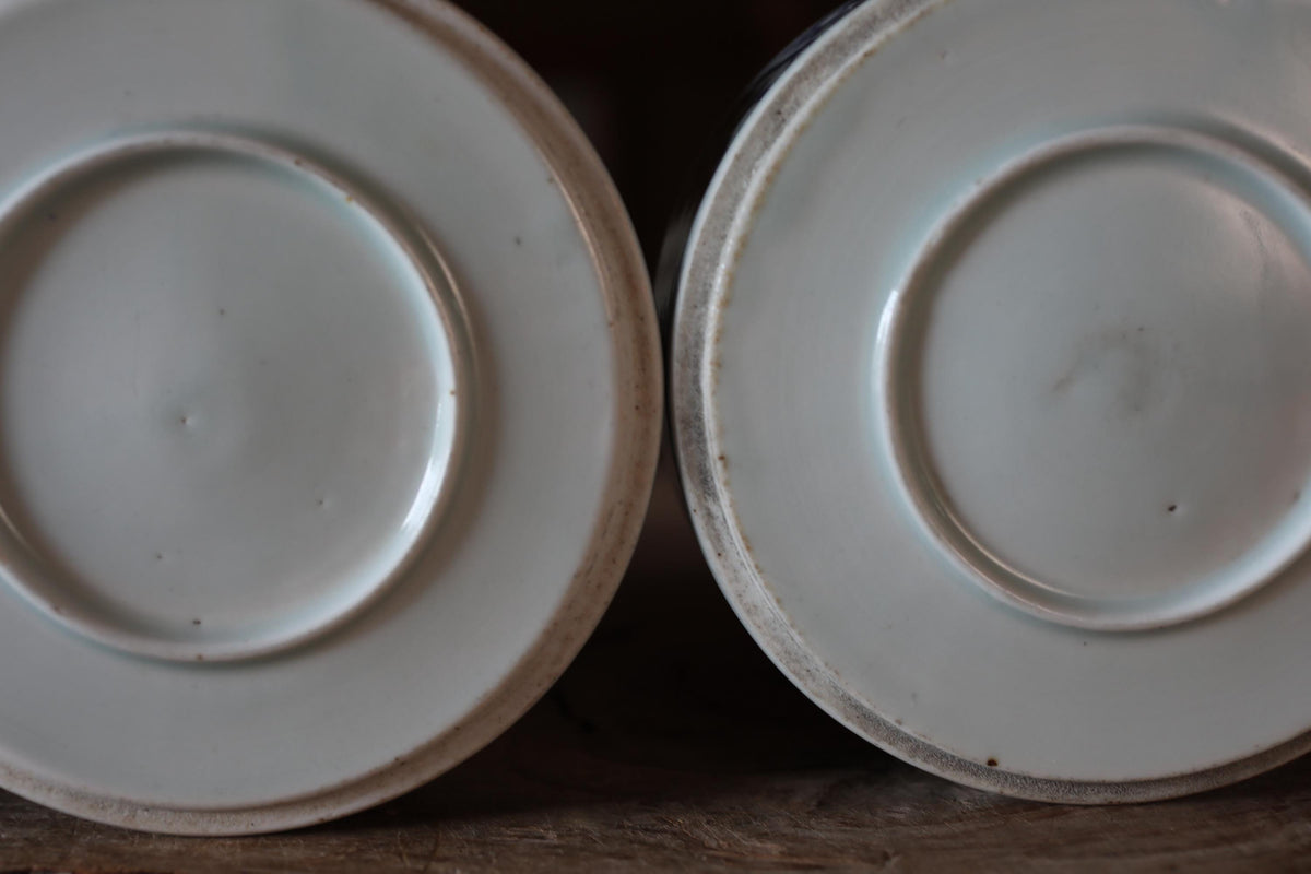 Two white ceramic plates with a simple, minimalist design are shown in the image.