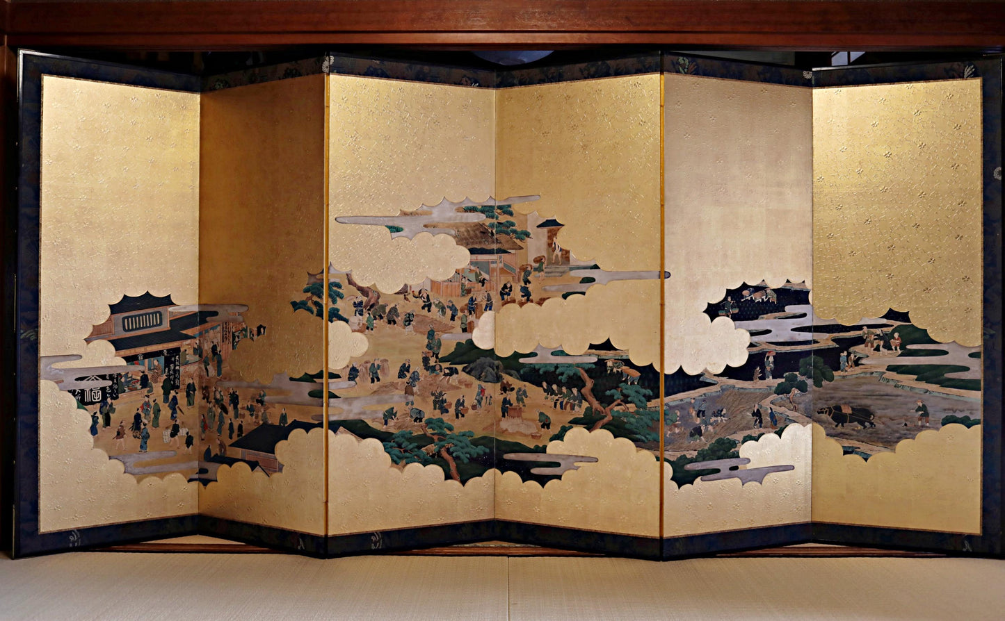 Japanese Folding Screen - Antique Byobu Screen with Gold Leaf Clouds & 1800s Art