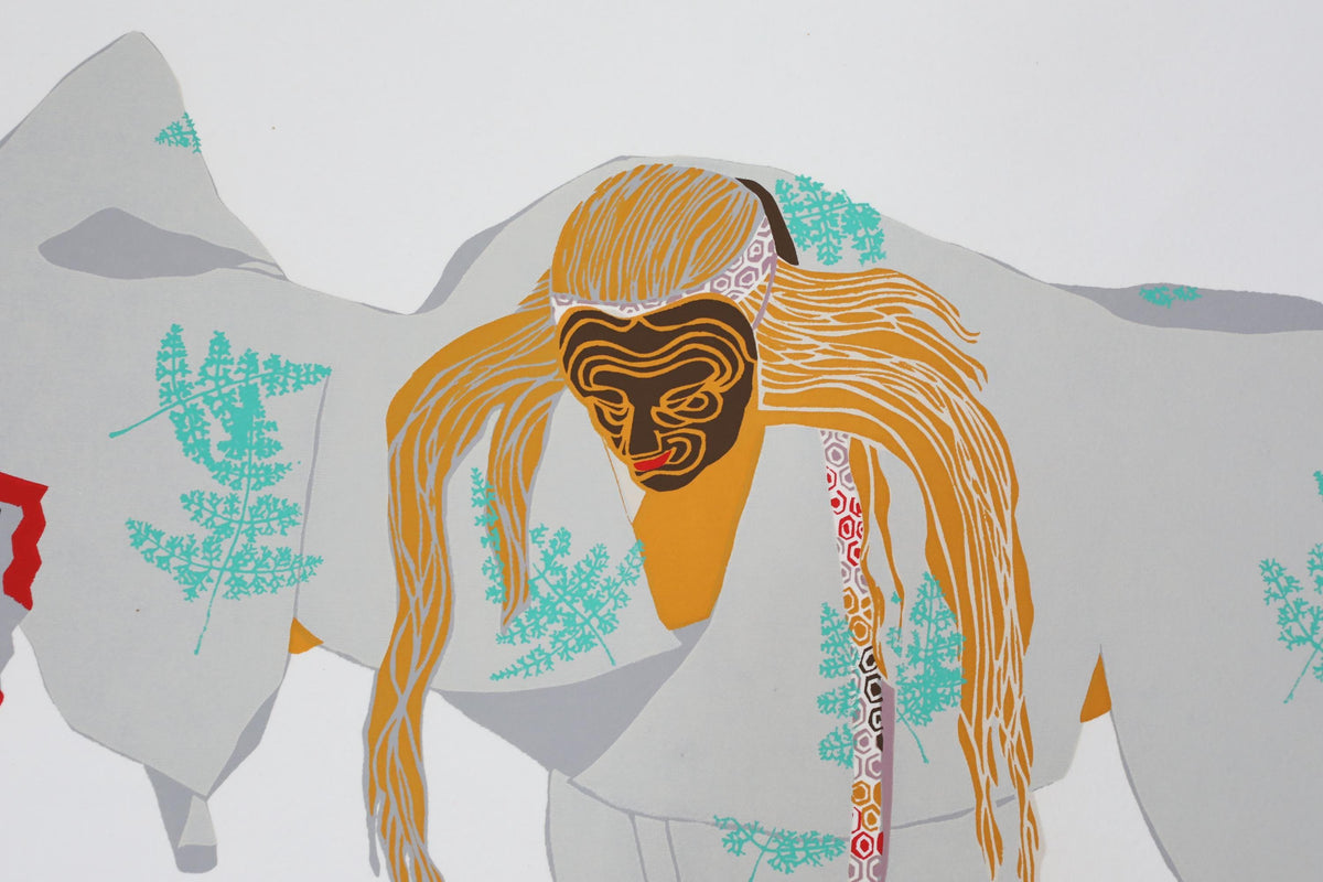 a stylized figure with long, flowing hair and a mask, set against a plain white background.