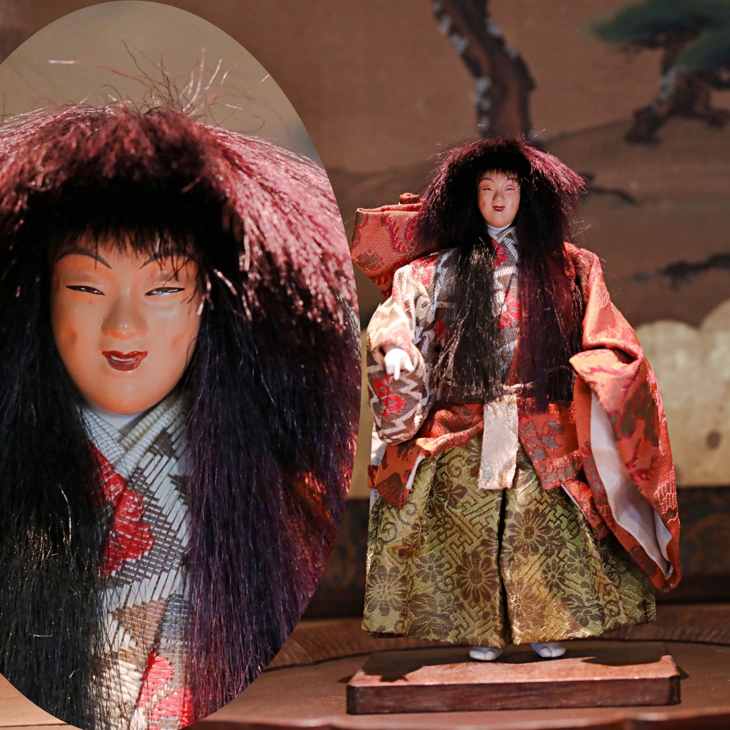 FINE! RARE! Japanese vintage Noh doll red mask Dancing Child Spirit "天鼓” made of wood and silk KIMONO for Gift H8.7×4.7in/H22×12cm