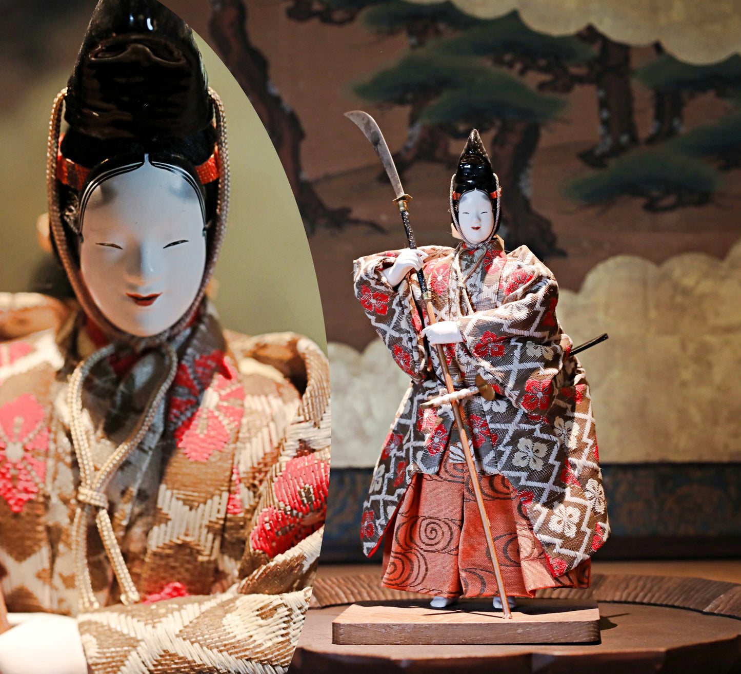 FINE! RARE! Japanese vintage Noh doll Koomote mask mask woman samurai "巴” made of wood and silk KIMONO for Gift H9.8×5.1in/H25×13cm