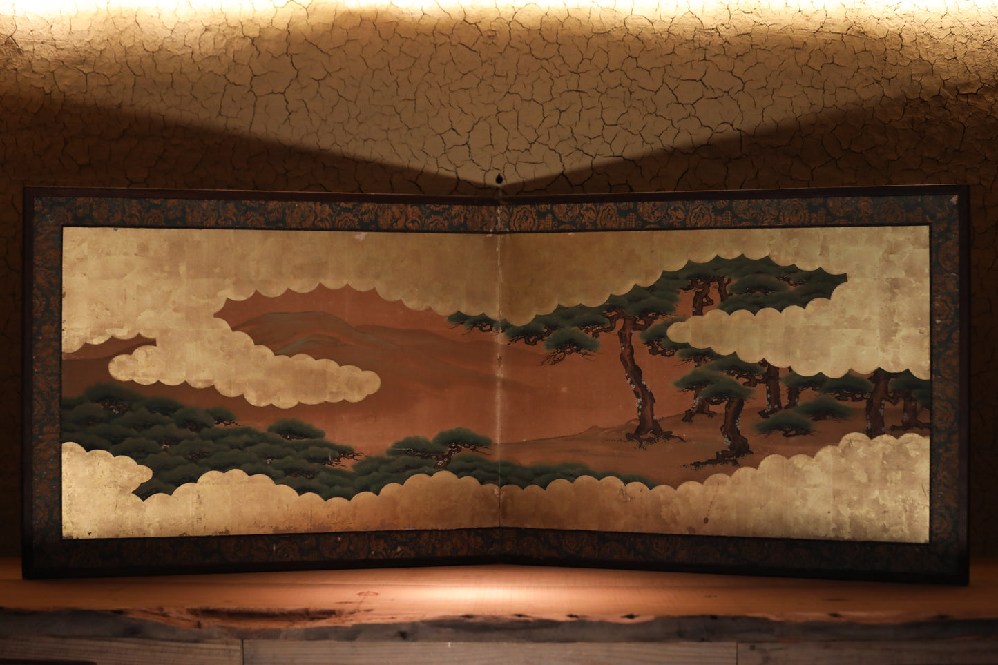 FINE! Japanese antique furniture 1800s EDO Byobu wind screen hand painting, Real Gold Clouds with pine tree W74in/H188cm