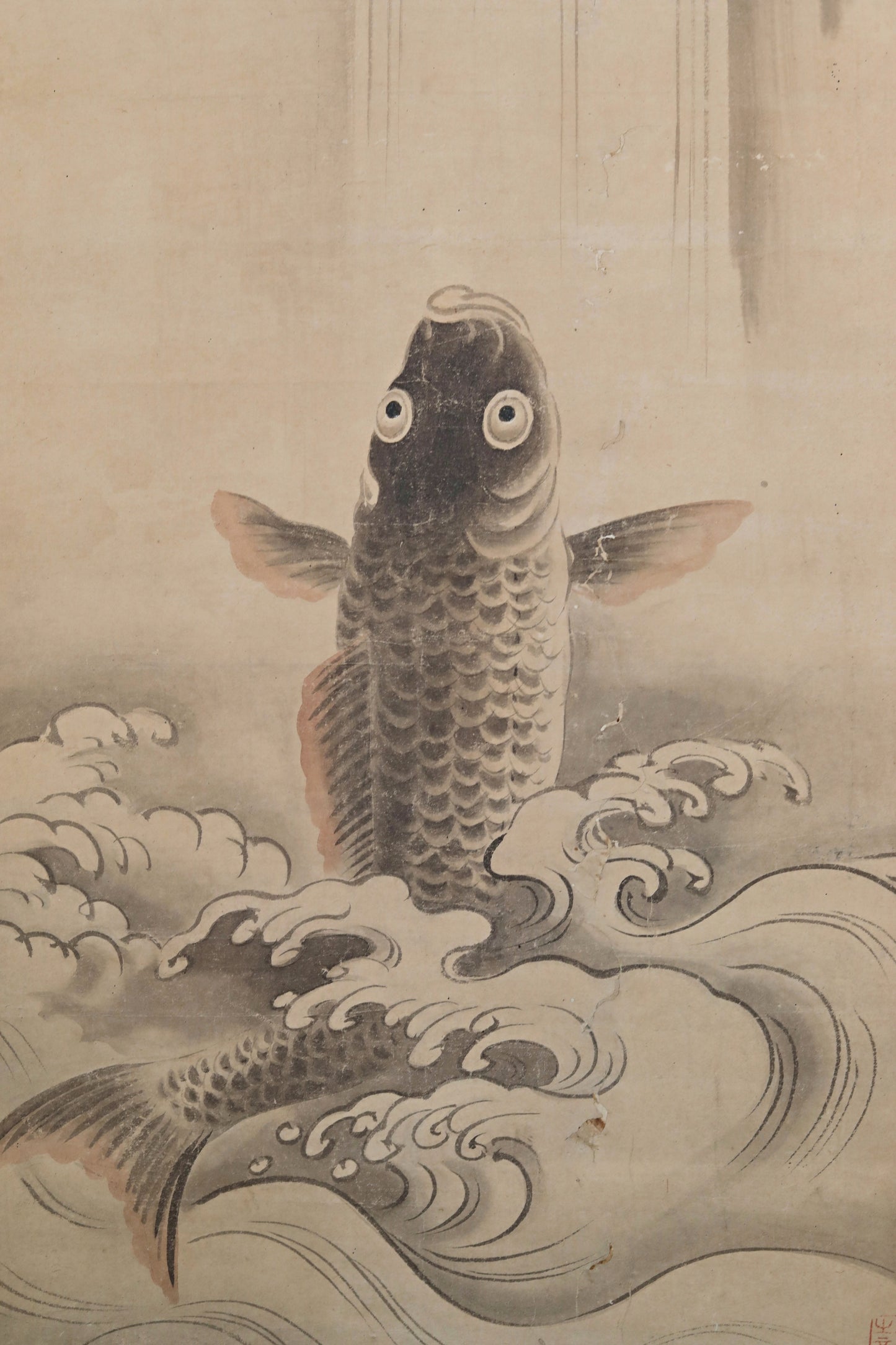 Scroll Painting- Antique Kano School Carp Watercolor , Japanese Kakejiku, Kano Signed