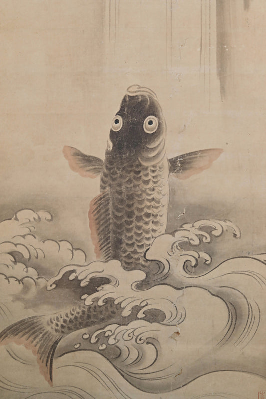 Scroll Painting- Antique Kano School Carp Watercolor , Japanese Kakejiku, Kano Signed