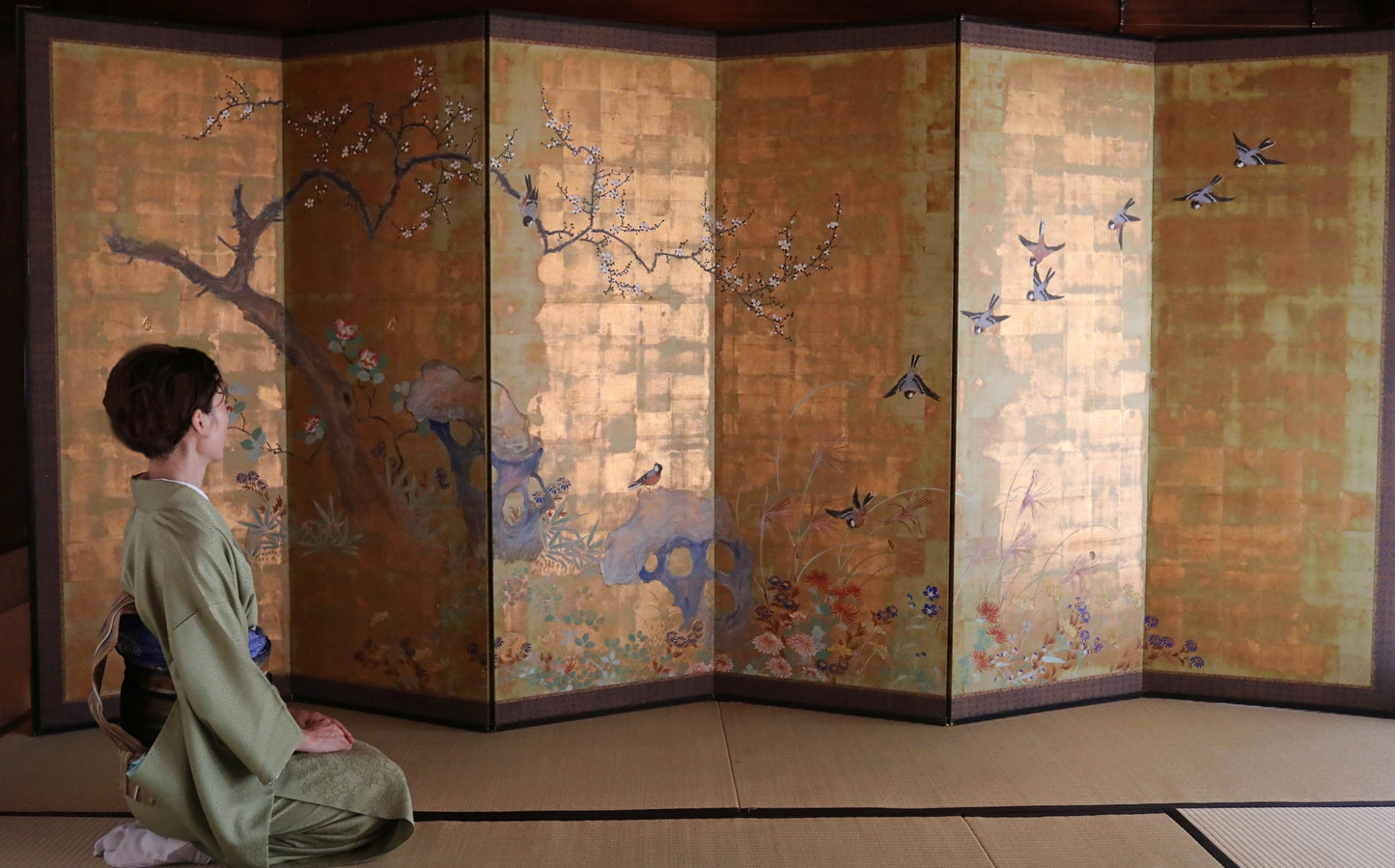 FINE! Japanese antique 1900s furniture Byobu folding screen of water color painting,  plum blossom birds and flowers with gold H69.3in/H176cm