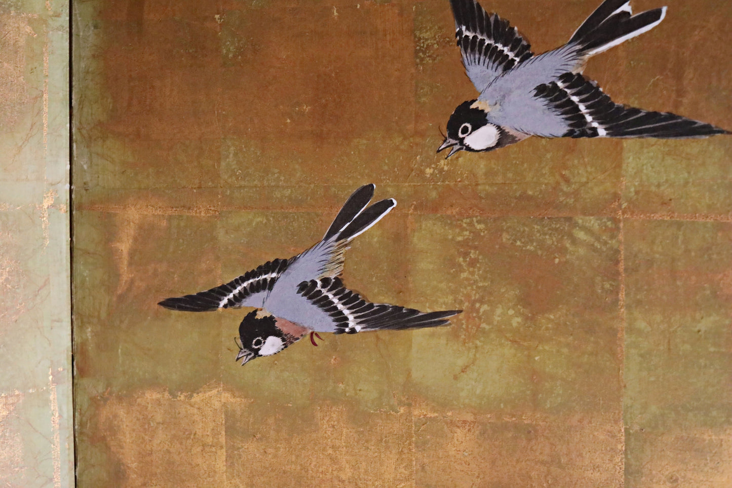 FINE! Japanese antique 1900s furniture Byobu folding screen of water color painting,  plum blossom birds and flowers with gold H69.3in/H176cm