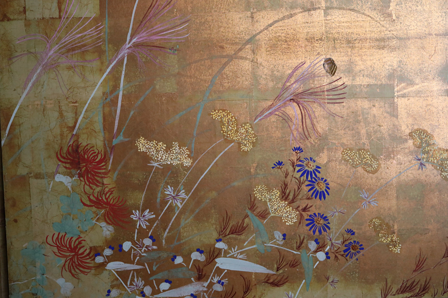 FINE! Japanese antique 1900s furniture Byobu folding screen of water color painting,  plum blossom birds and flowers with gold H69.3in/H176cm