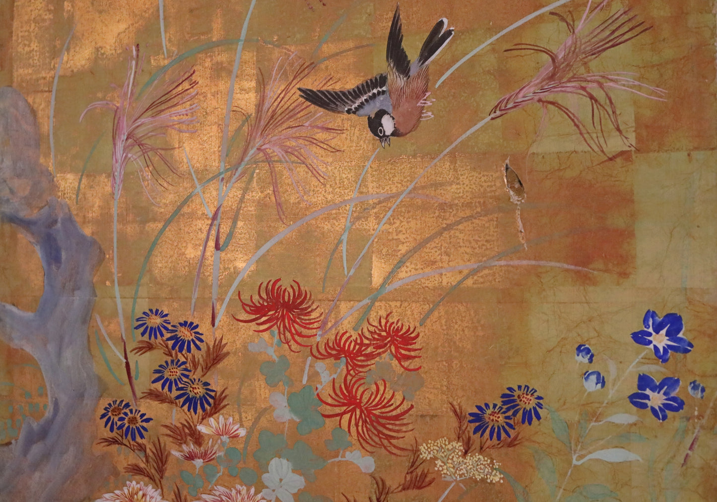 FINE! Japanese antique 1900s furniture Byobu folding screen of water color painting,  plum blossom birds and flowers with gold H69.3in/H176cm