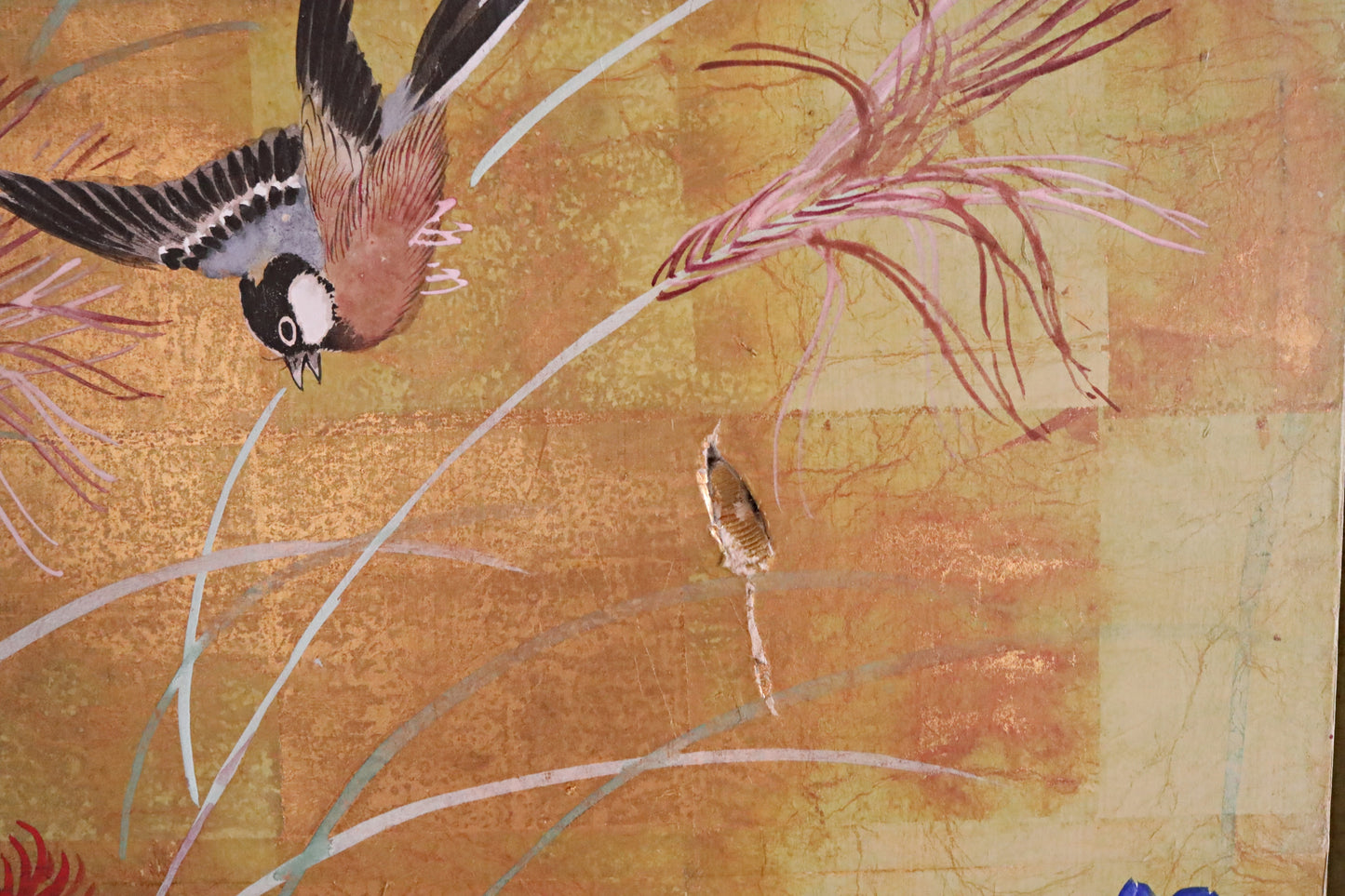 FINE! Japanese antique 1900s furniture Byobu folding screen of water color painting,  plum blossom birds and flowers with gold H69.3in/H176cm