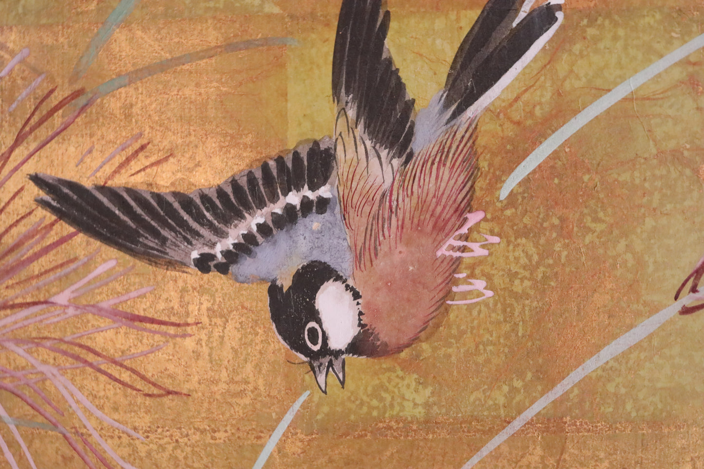 FINE! Japanese antique 1900s furniture Byobu folding screen of water color painting,  plum blossom birds and flowers with gold H69.3in/H176cm