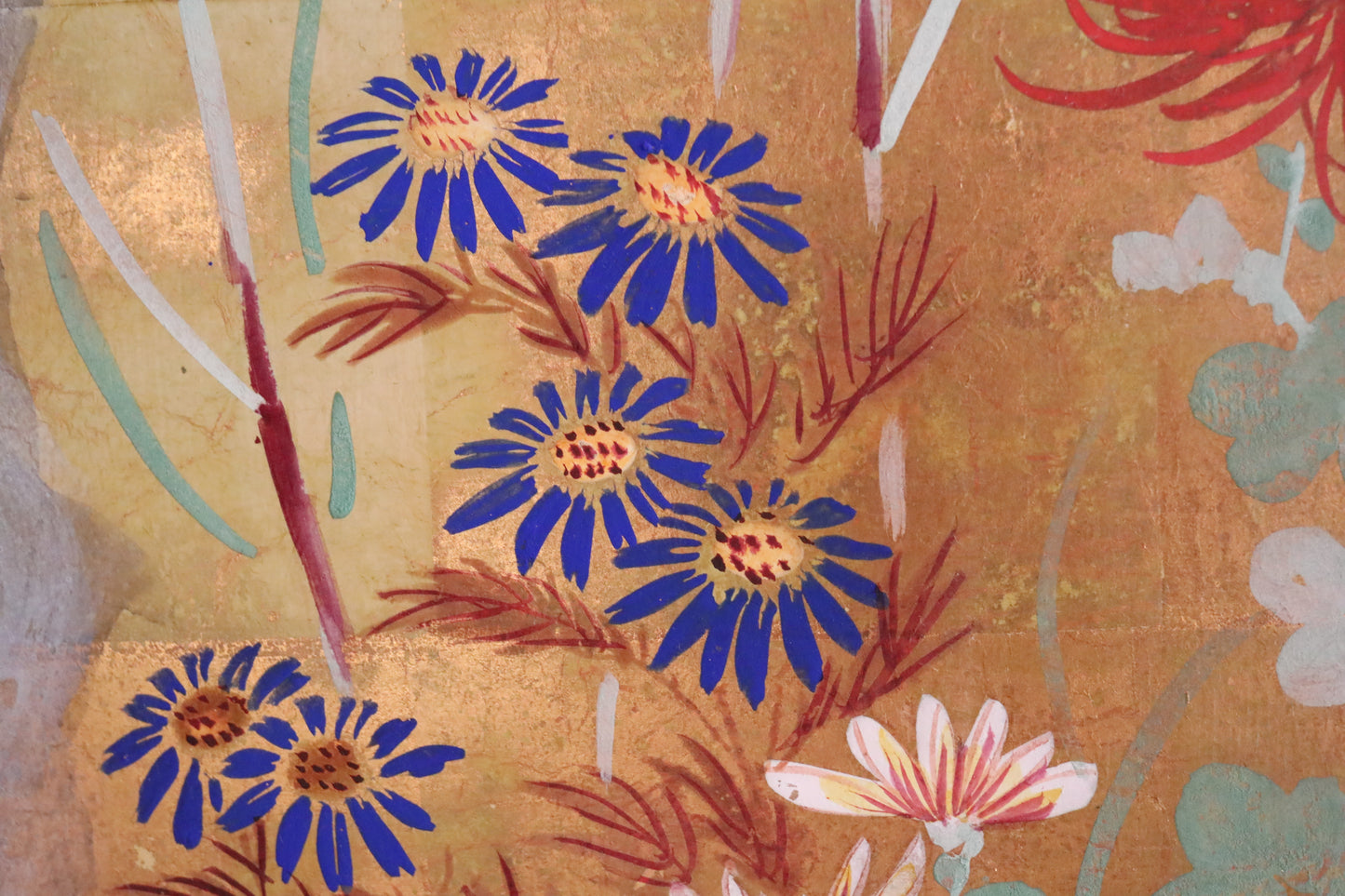 FINE! Japanese antique 1900s furniture Byobu folding screen of water color painting,  plum blossom birds and flowers with gold H69.3in/H176cm