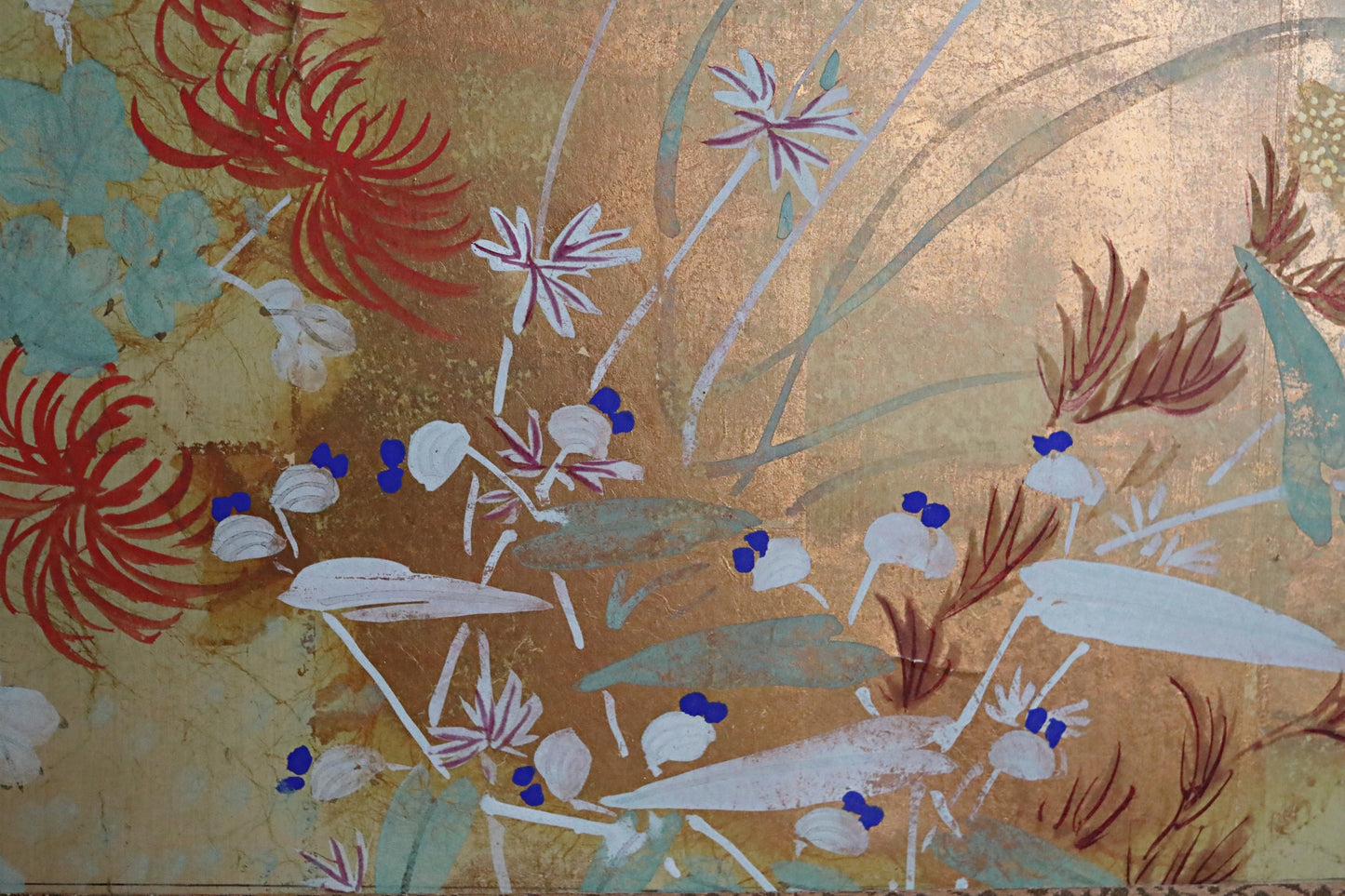 FINE! Japanese antique 1900s furniture Byobu folding screen of water color painting,  plum blossom birds and flowers with gold H69.3in/H176cm