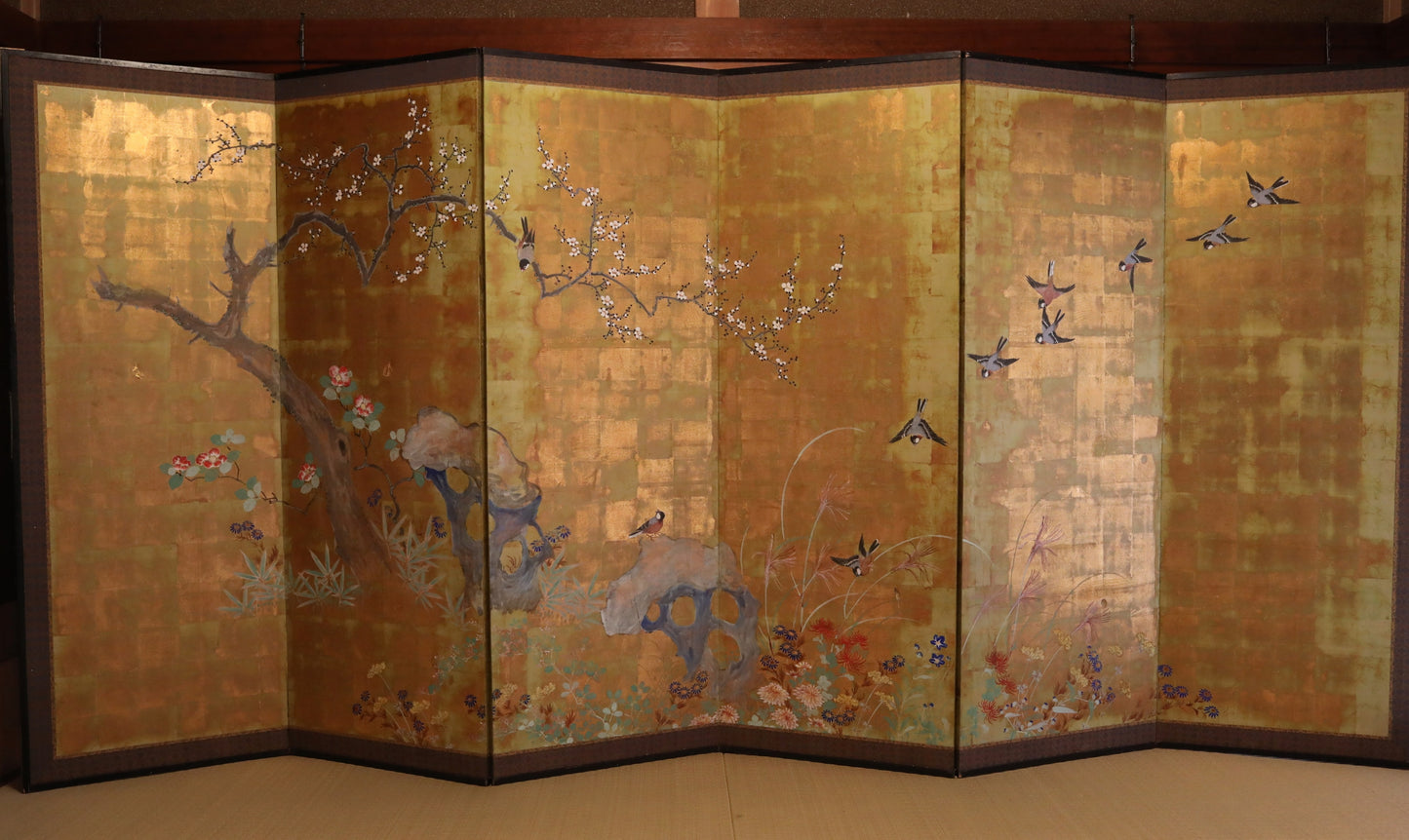 FINE! Japanese antique 1900s furniture Byobu folding screen of water color painting,  plum blossom birds and flowers with gold H69.3in/H176cm