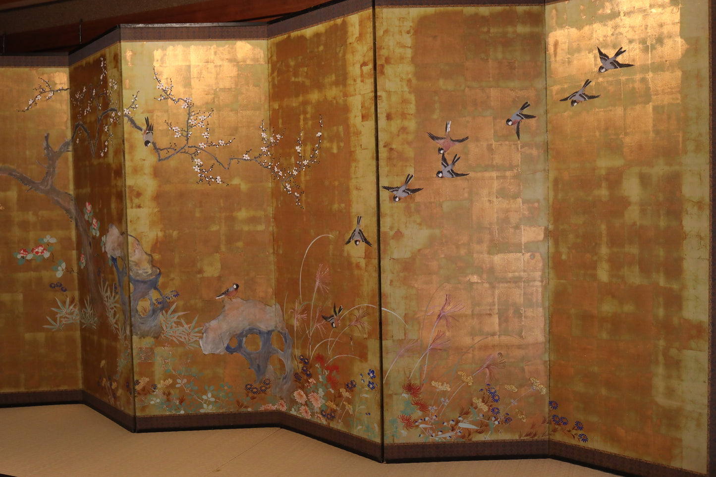 FINE! Japanese antique 1900s furniture Byobu folding screen of water color painting,  plum blossom birds and flowers with gold H69.3in/H176cm