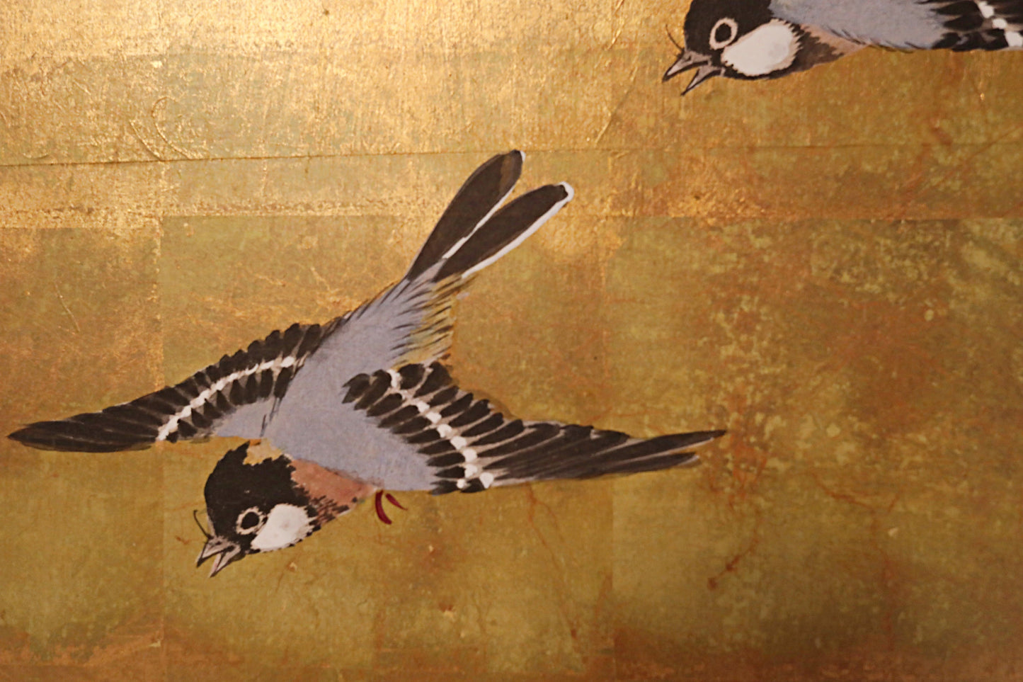 FINE! Japanese antique 1900s furniture Byobu folding screen of water color painting,  plum blossom birds and flowers with gold H69.3in/H176cm