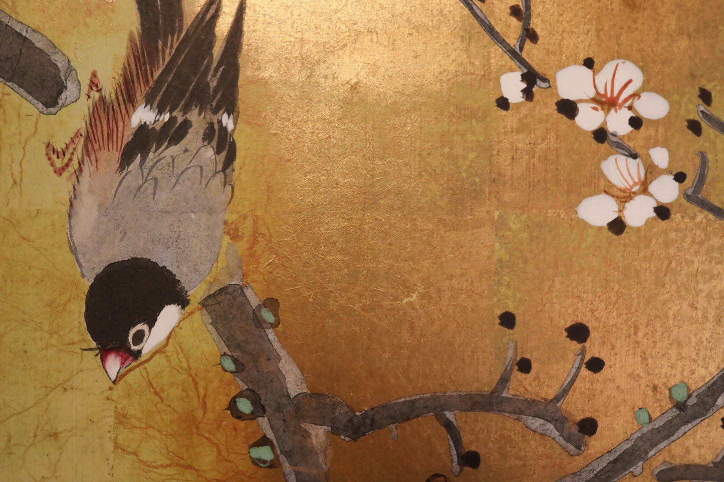 FINE! Japanese antique 1900s furniture Byobu folding screen of water color painting,  plum blossom birds and flowers with gold H69.3in/H176cm