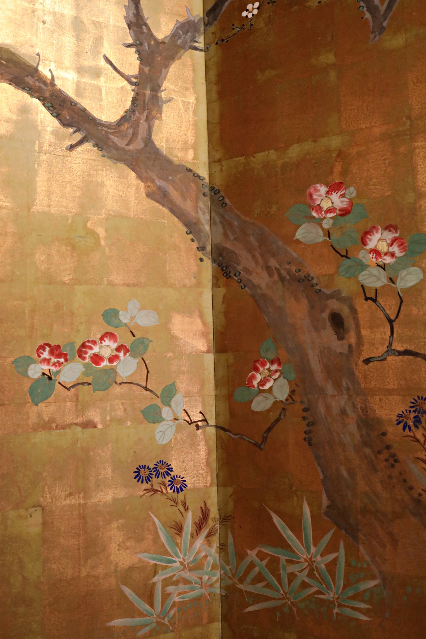 FINE! Japanese antique 1900s furniture Byobu folding screen of water color painting,  plum blossom birds and flowers with gold H69.3in/H176cm