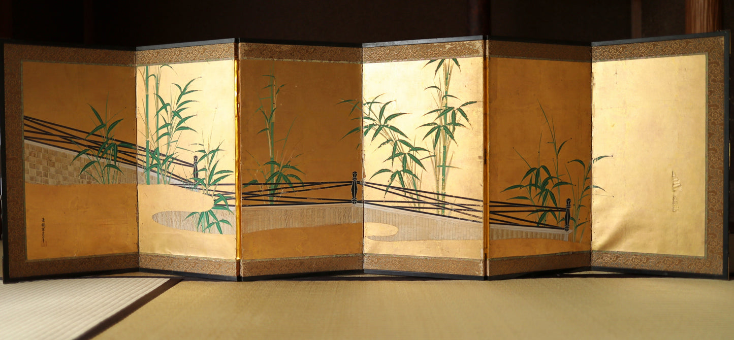 FINE! Japanese antique furniture 1700s EDO Byobu wind screen hand painting, Real Gold background with bamboo with sign W55.1in/H140cm