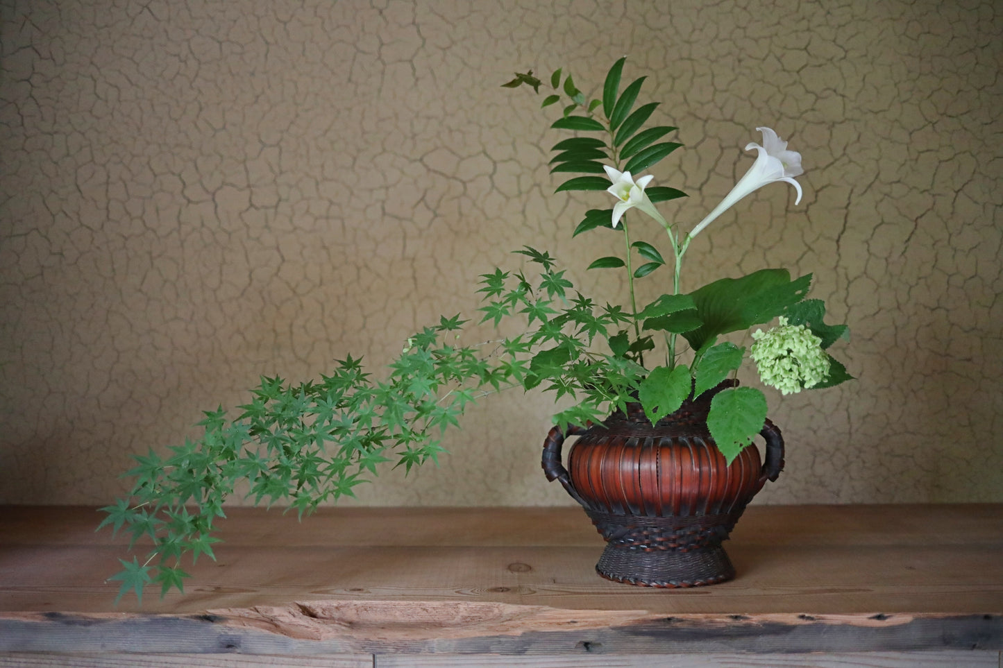 LARGE! Japanese vintage bamboo woven vase with two handles in smoke stained color, IKEBANA, Tea ceremony, Hana-kago W13.4in/W34cm