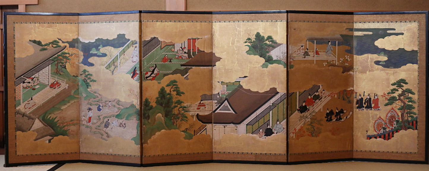 Japanese antique furniture Gold Silver Byobu wind screen of The Tale of Genji, Double-sided painting 17th century W80.3in/H204cm